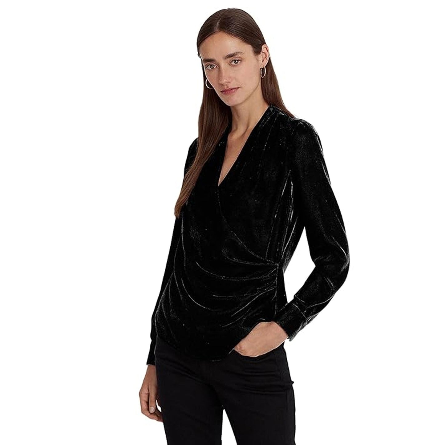 Women's Plain Velour Wrap Top,Black