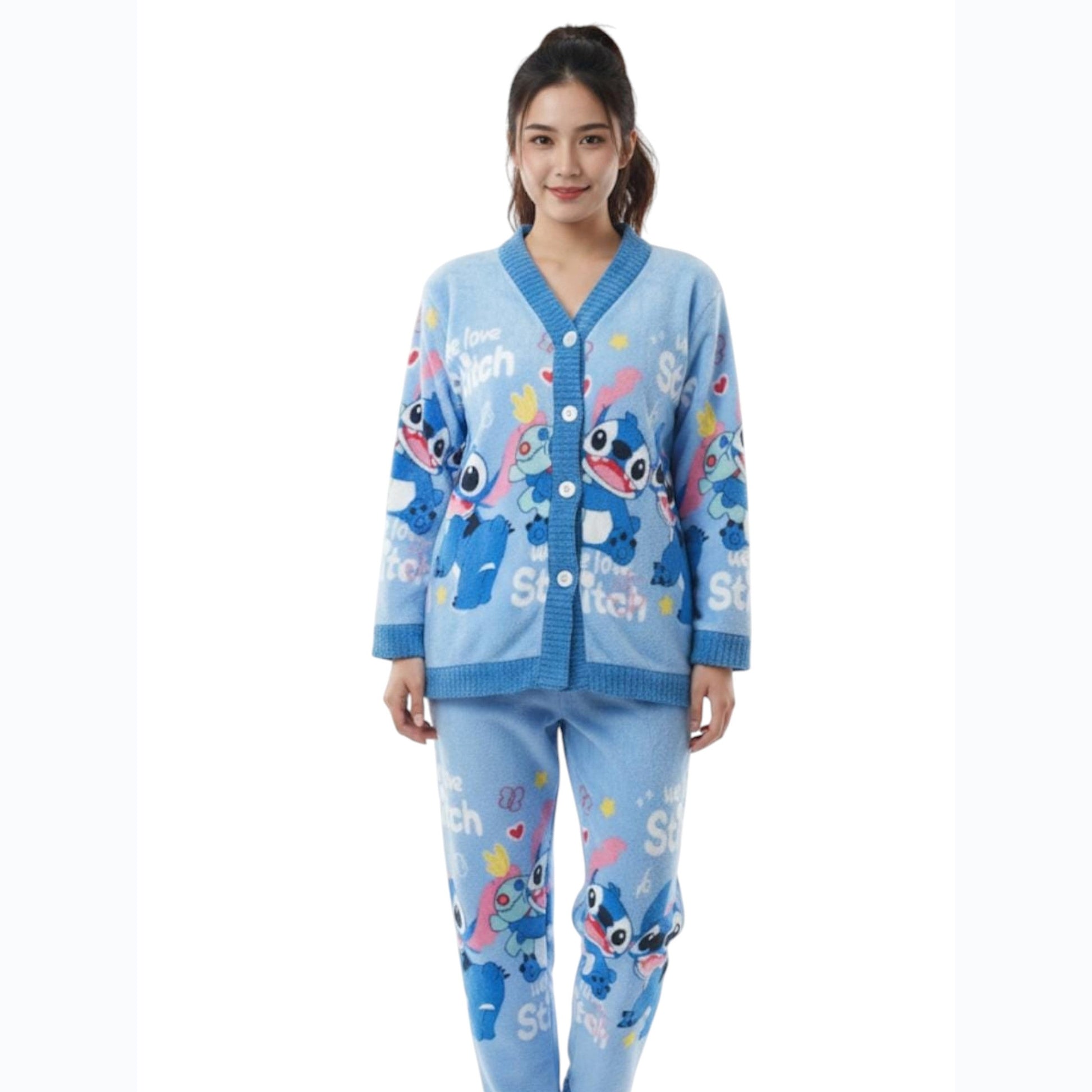 Women's Printed Faux Fur Pajama Set,Blue