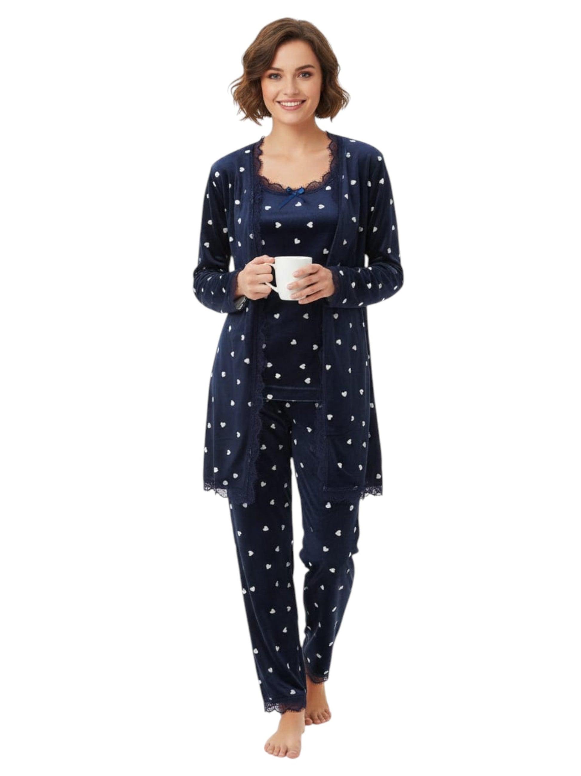Women's Hearts Printed Faux Fur Sleepwear Set,Navy