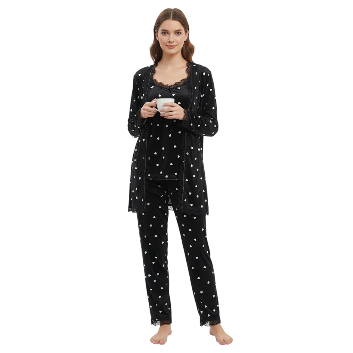 Women's Hearts Printed Sleepwear Set,Black