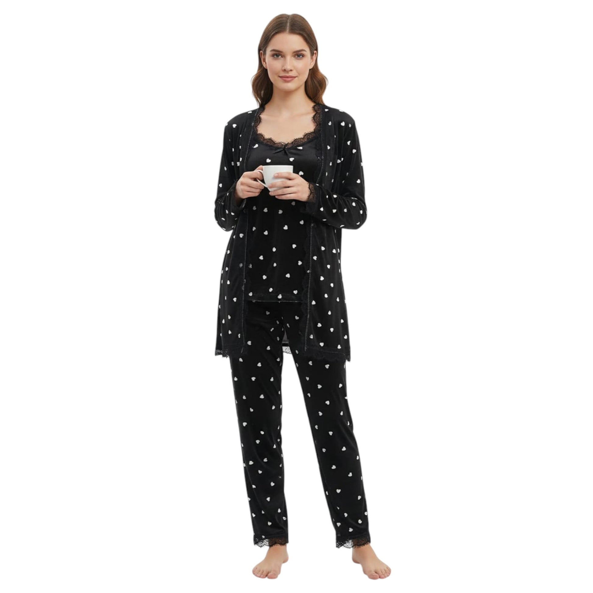 Women's Hearts Printed Sleepwear Set,Black