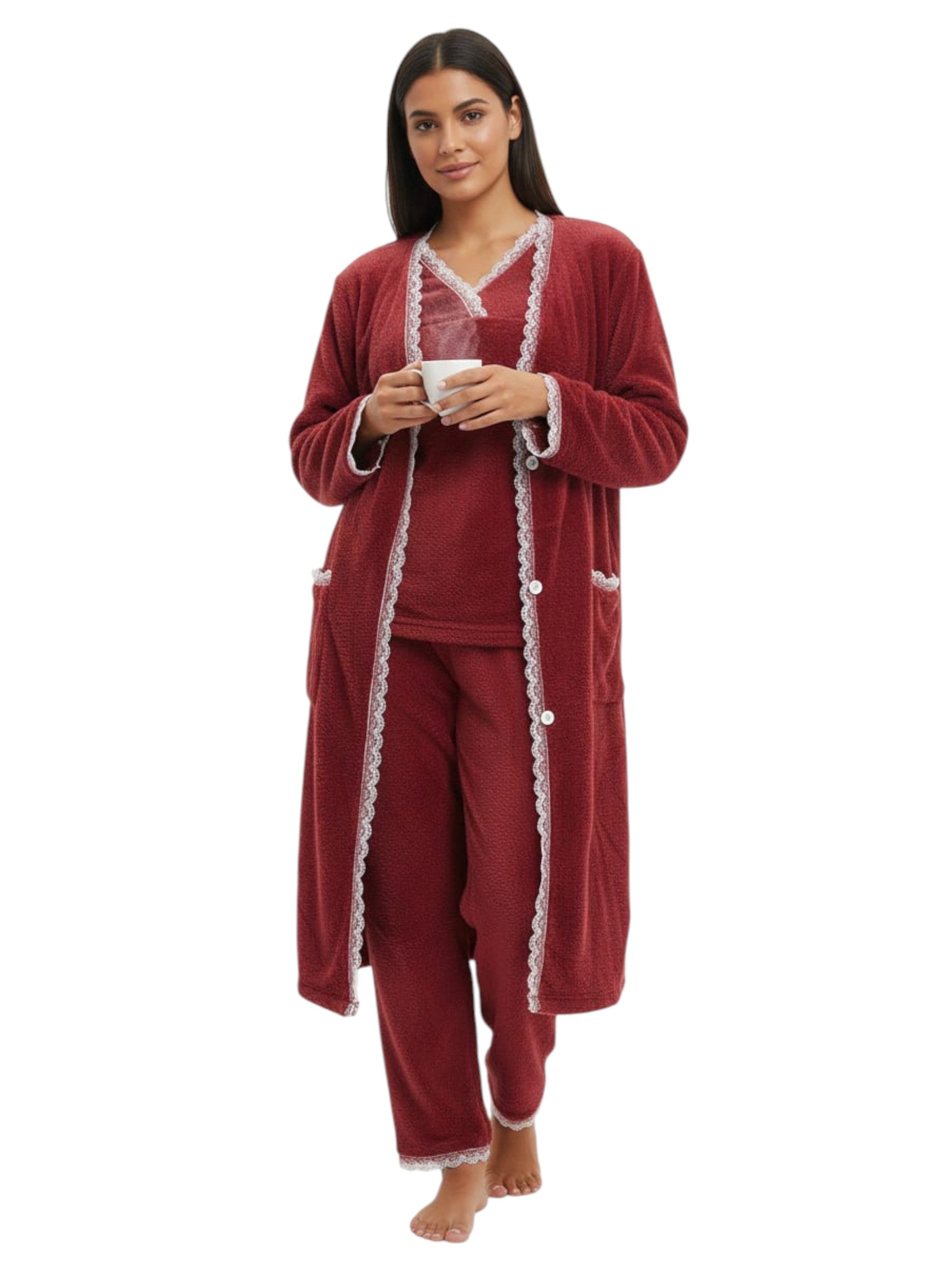 Women's Faux Fur Sleepwear Set,Burgundy