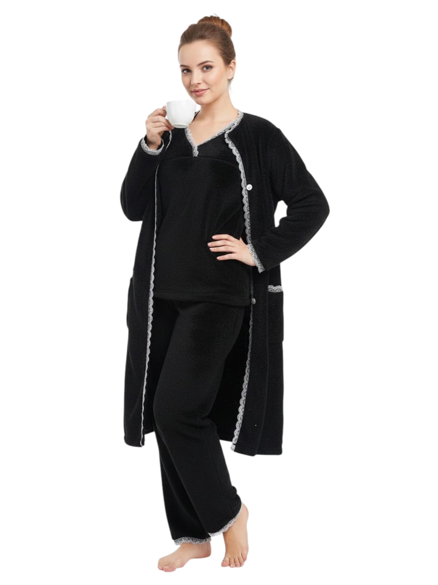 Women's Faux Fur Sleepwear Set,Black