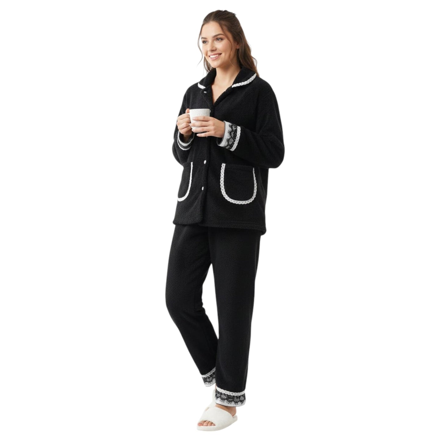 Women's Faux Fur Pajama Set,Black