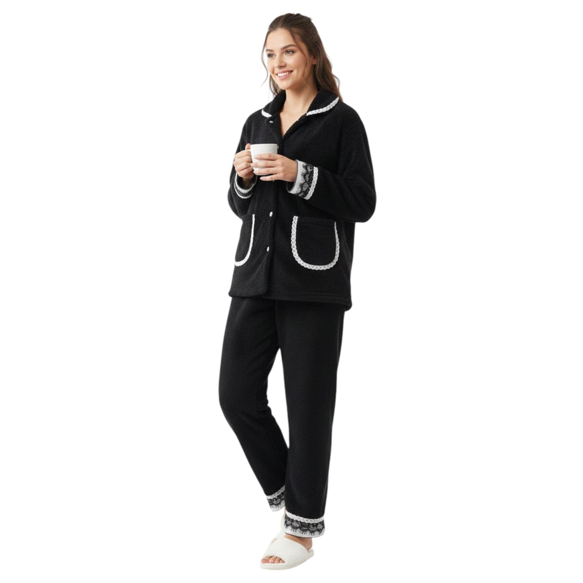 Women's Faux Fur Pajama Set,Black
