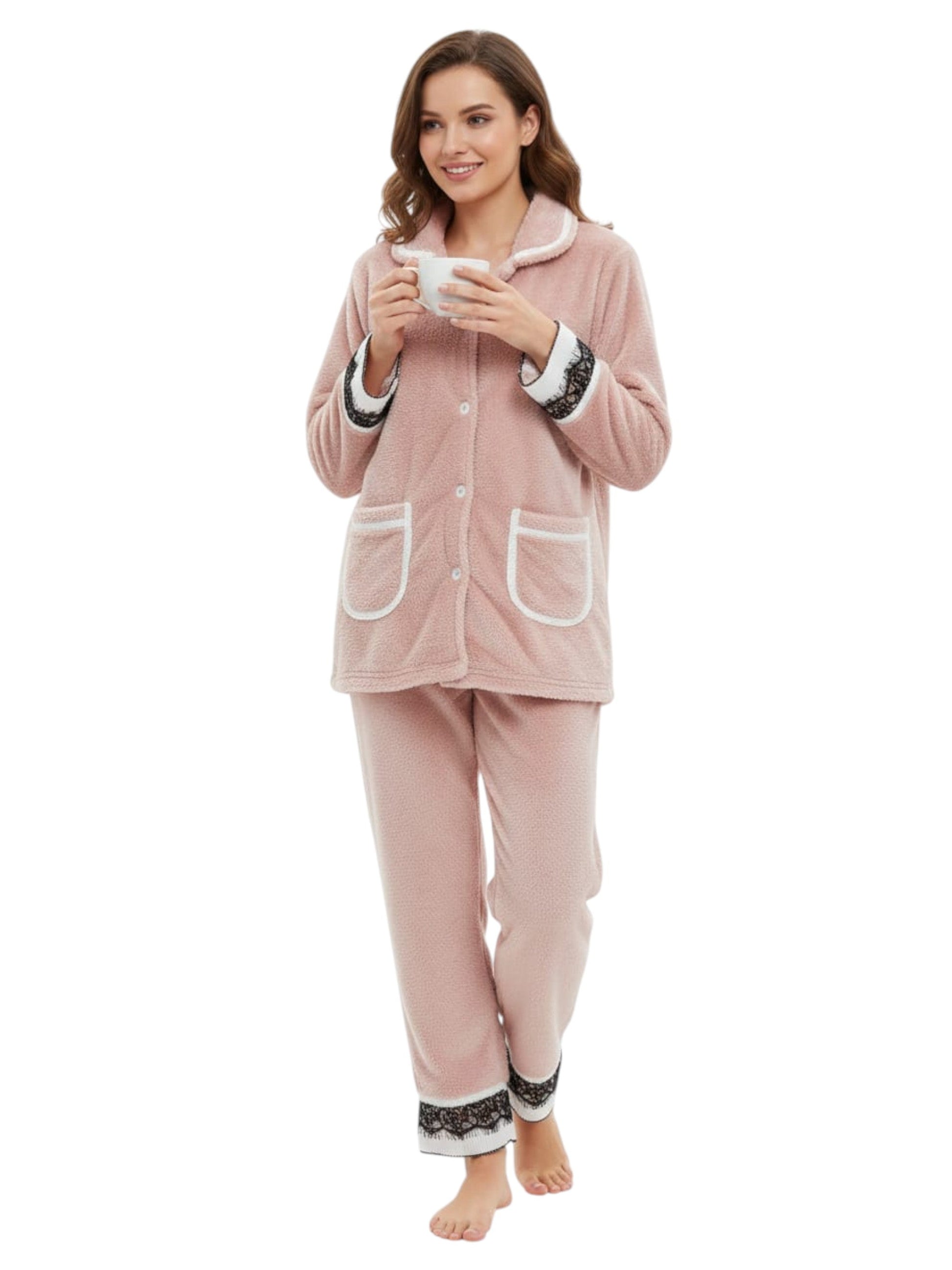 Women's Faux Fur Pajama Set,Blush Beige