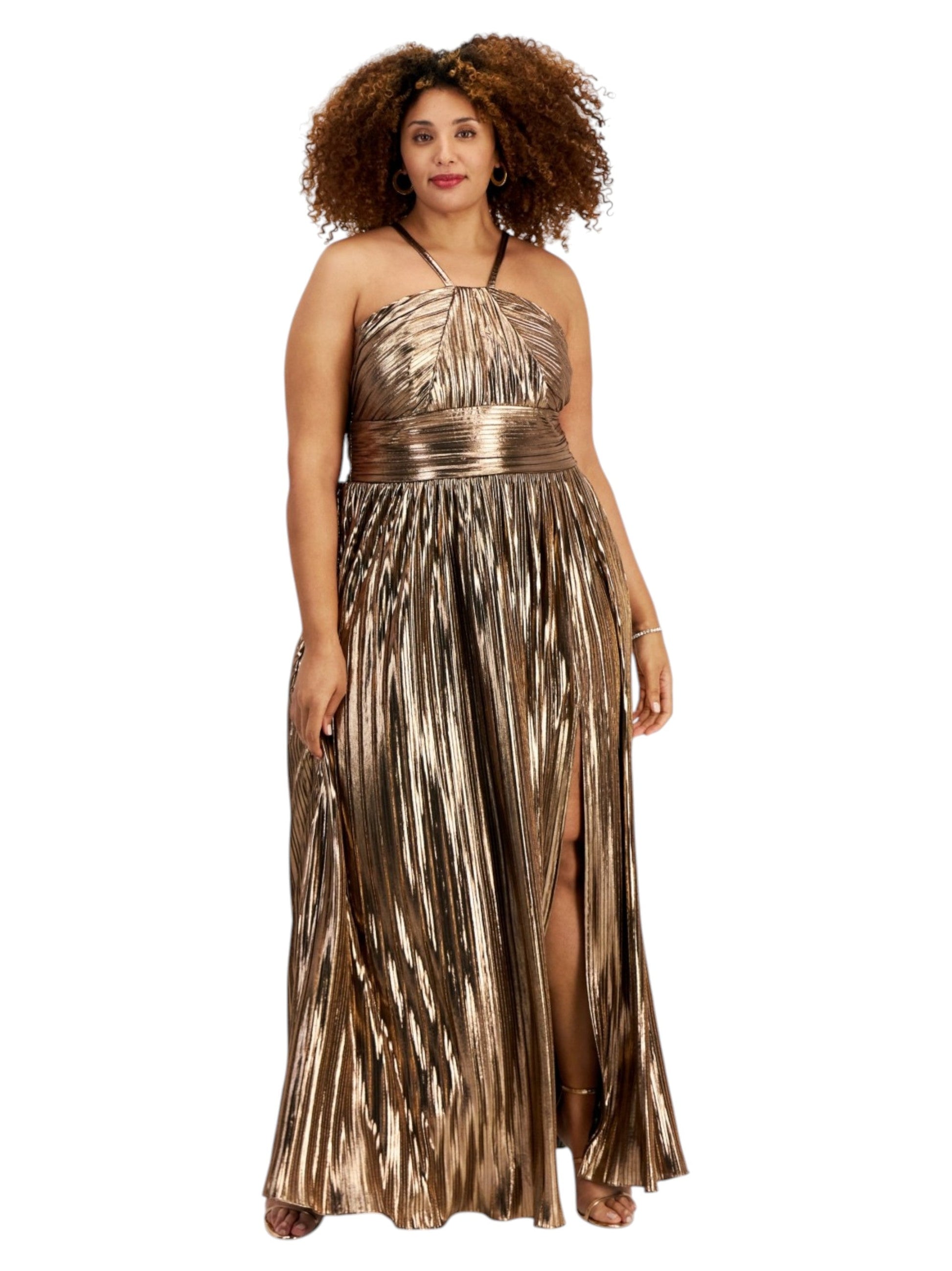 Women's Ribbed Mettalic Shiny Dress,Gold