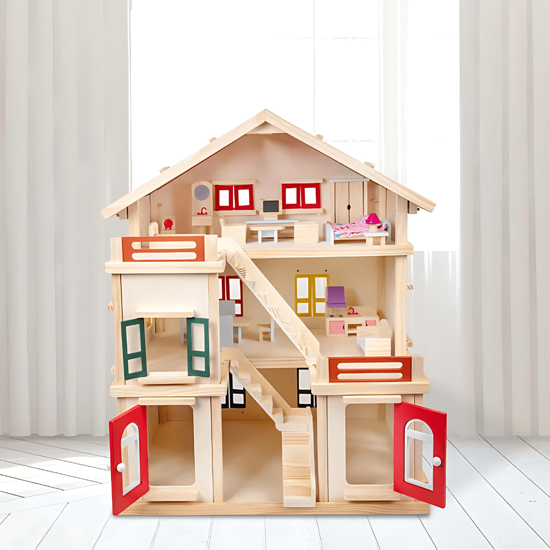 Large Wooden Dollhouse with Furniture: Creative Play