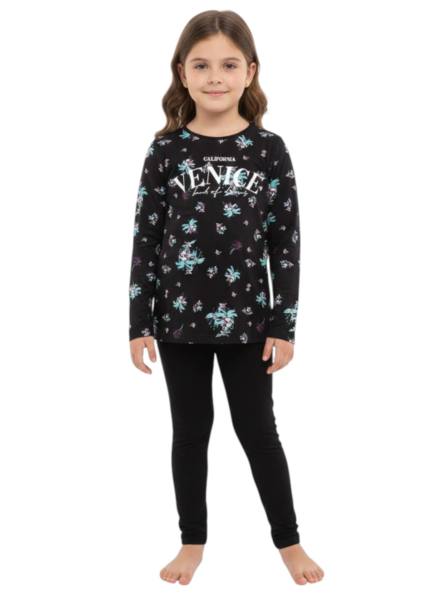 Kids Girl's Floral Printed Pajama Set,Black