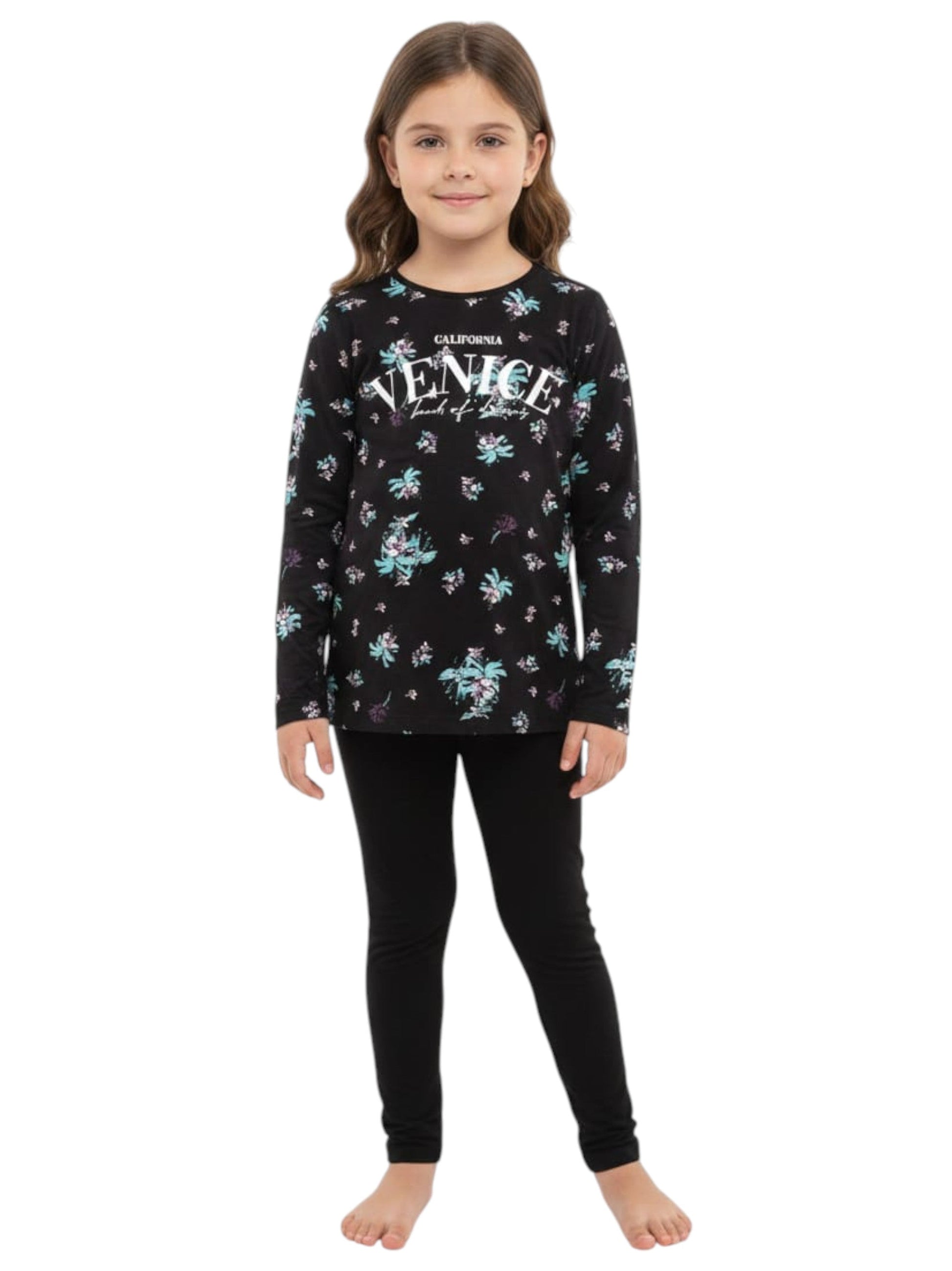 Kids Girl's Floral Printed Pajama Set,Black