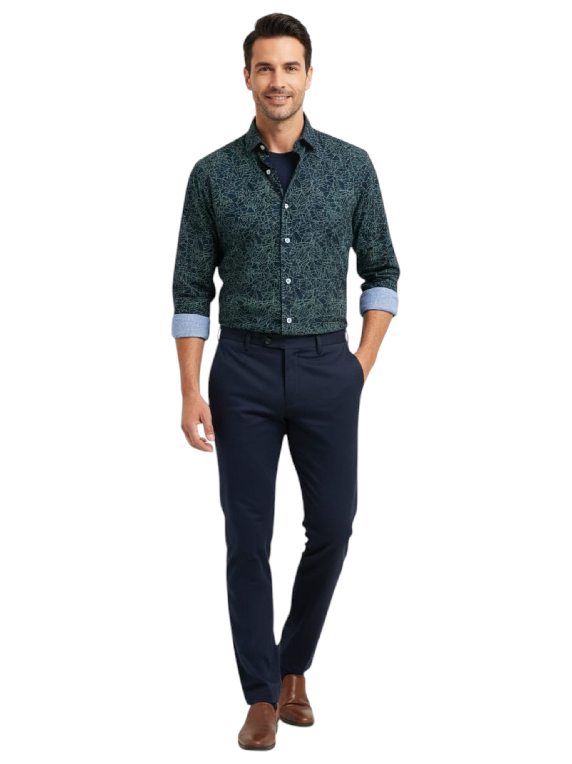 Men's Printed Dress Shirt,Navy/Green