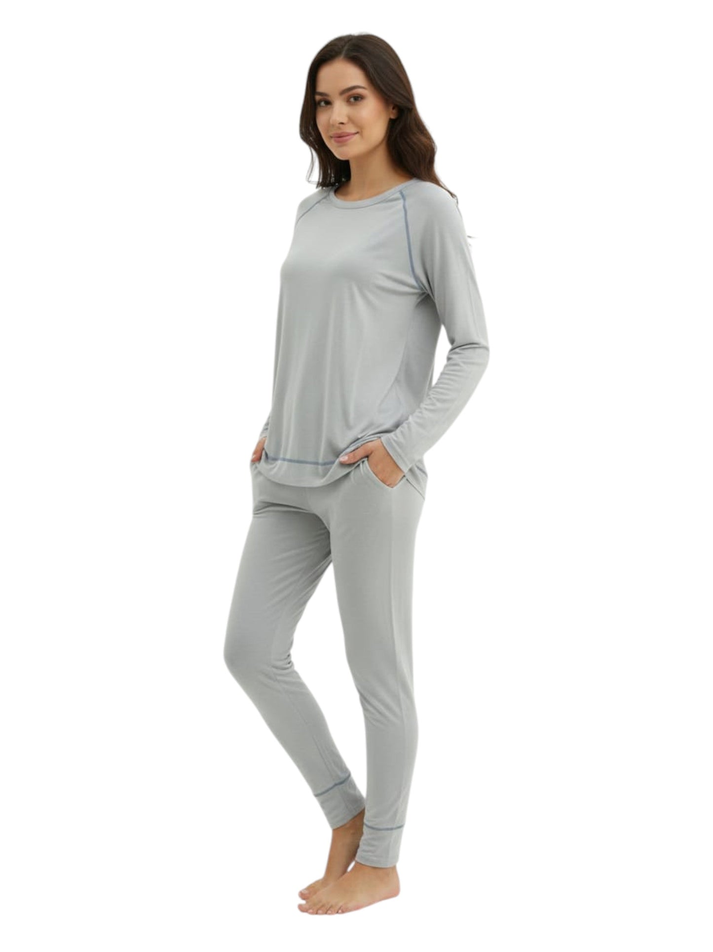 Women's Plain Solid Pajama Set Top&Pant,Light Grey