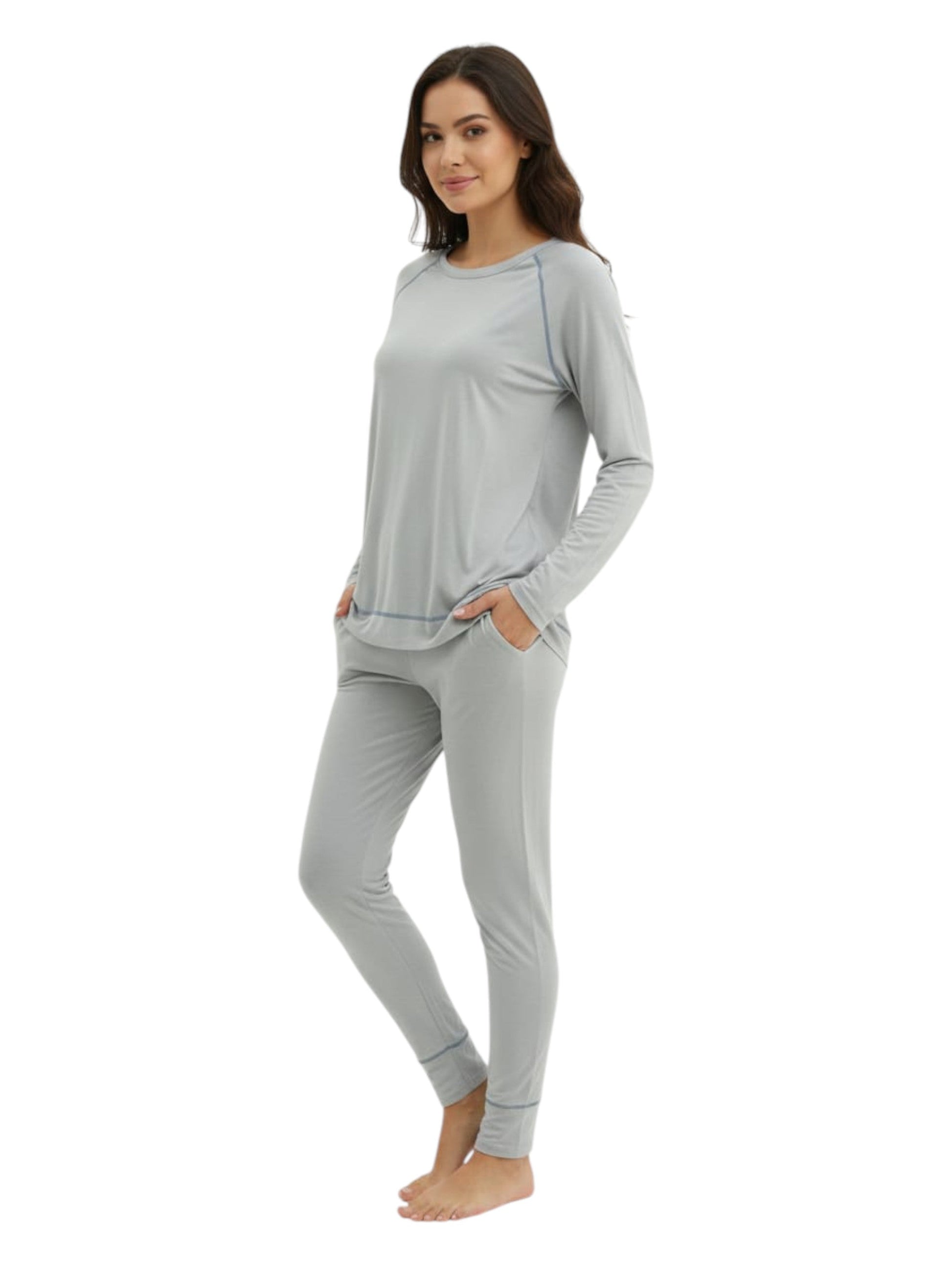 Women's Plain Solid Pajama Set Top&Pant,Light Grey