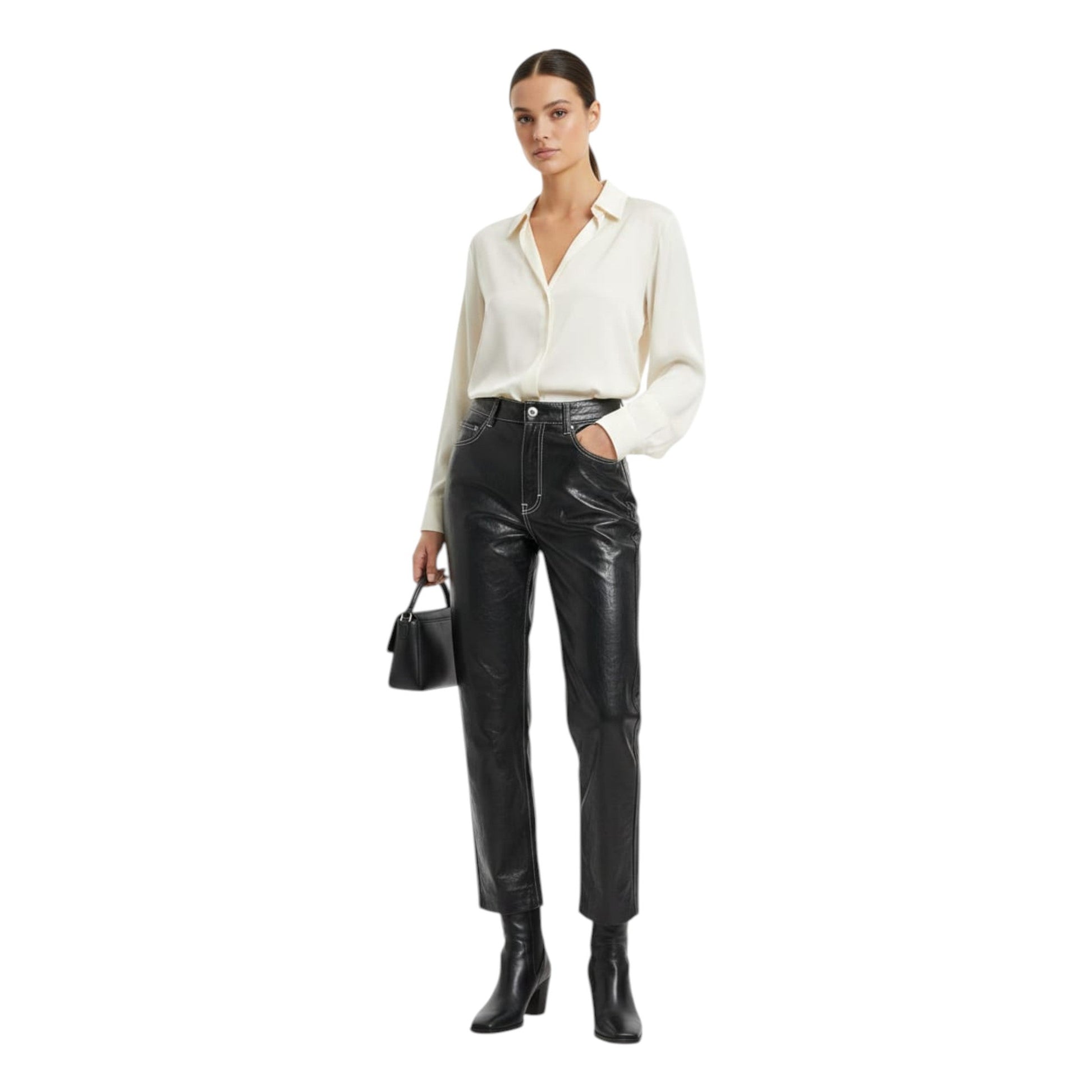 Women's Plain  Leather Pant,Black