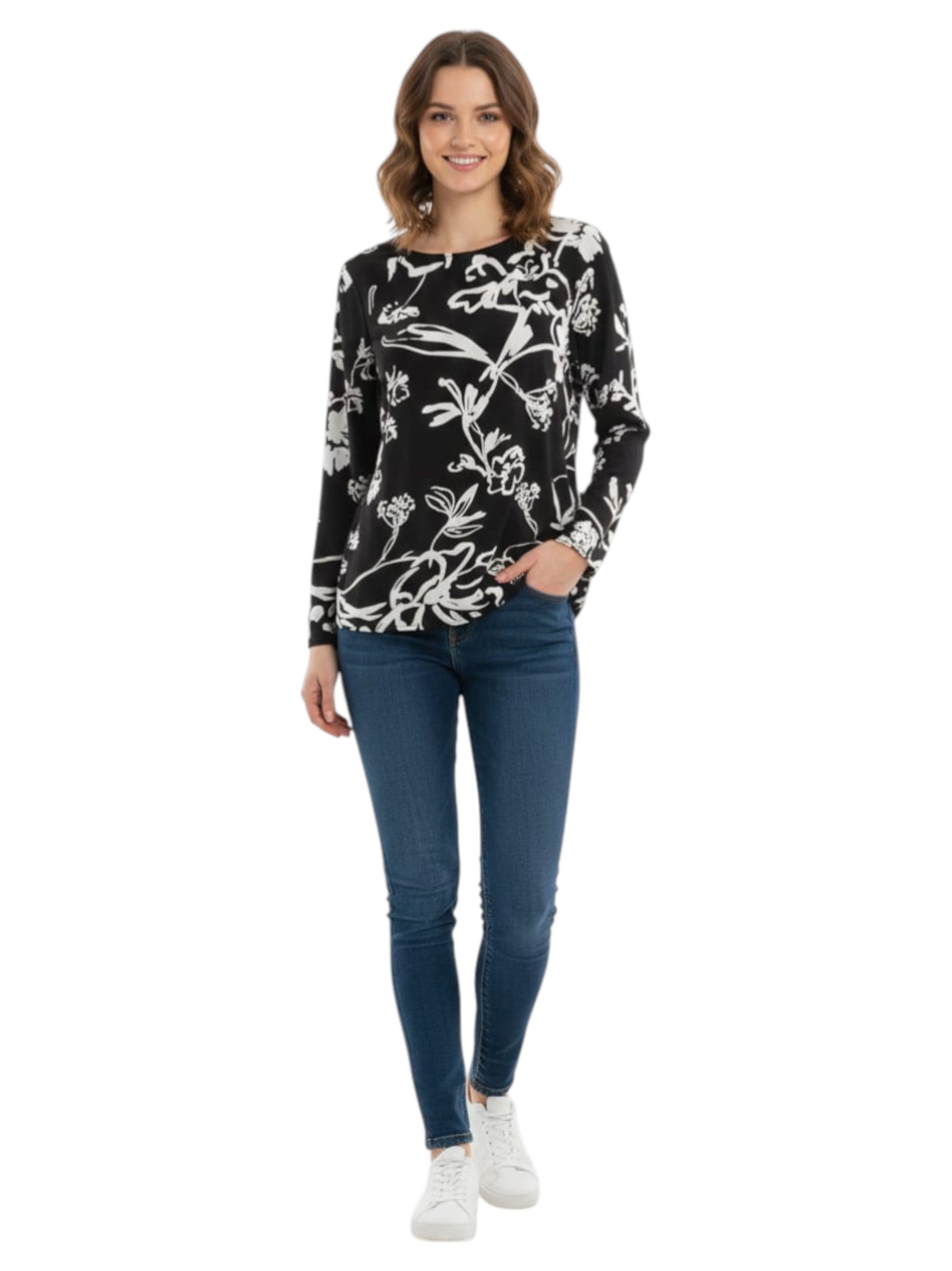 Women's Floral Printed Top,Black/White