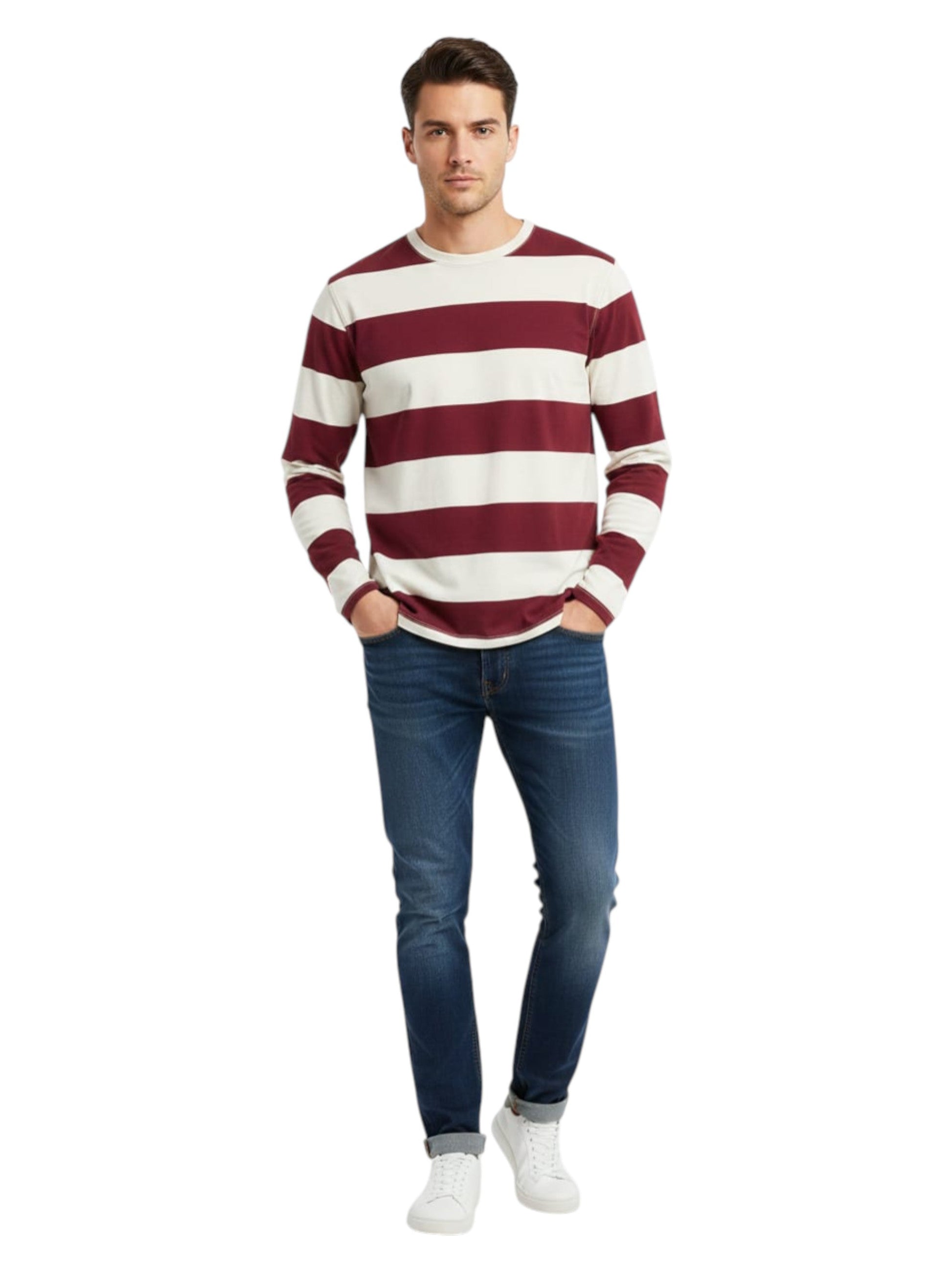 Men's Striped Shirt,White/Burgundy