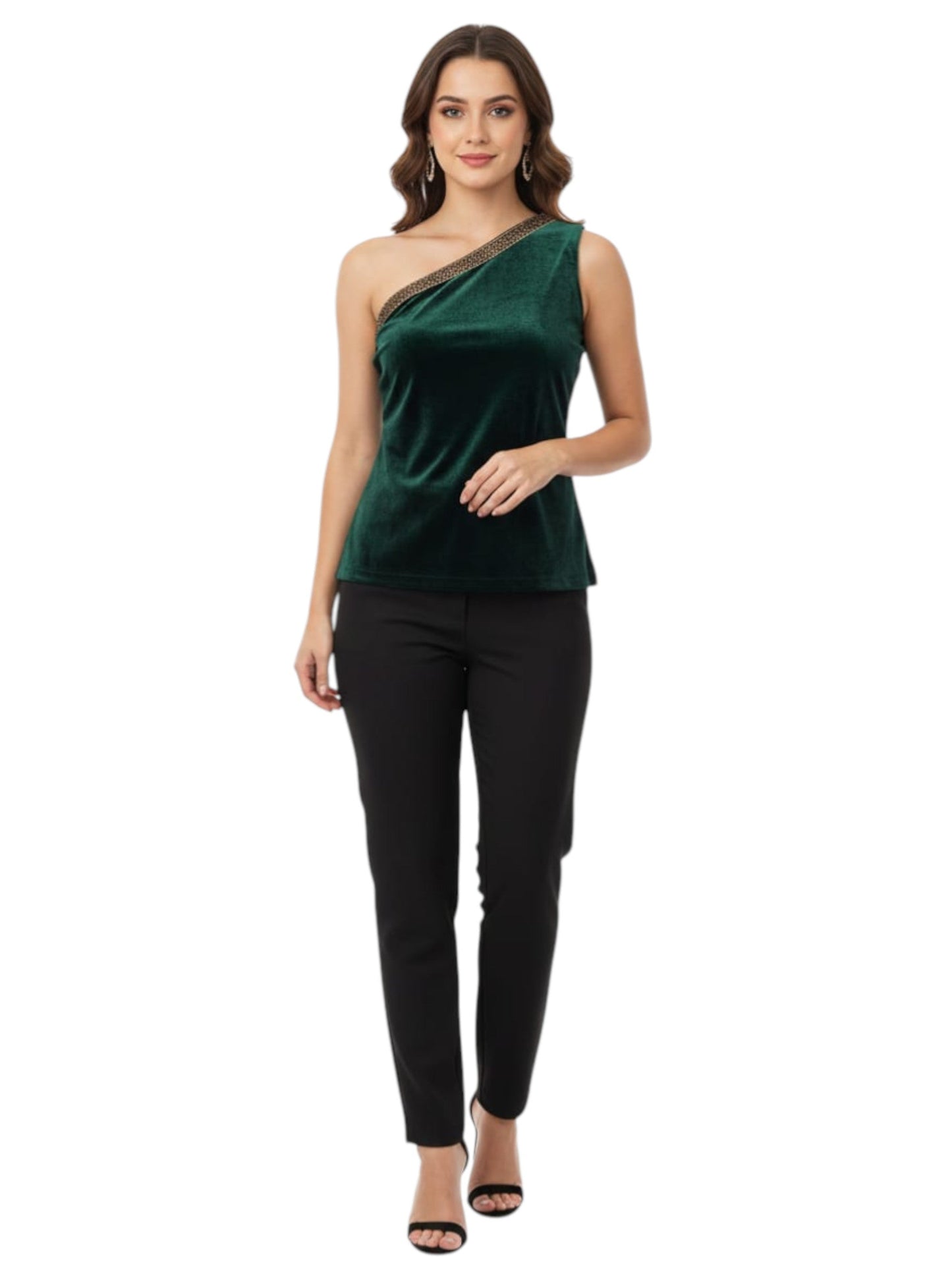 Women's Velvet One shoulder Top,Dark Green