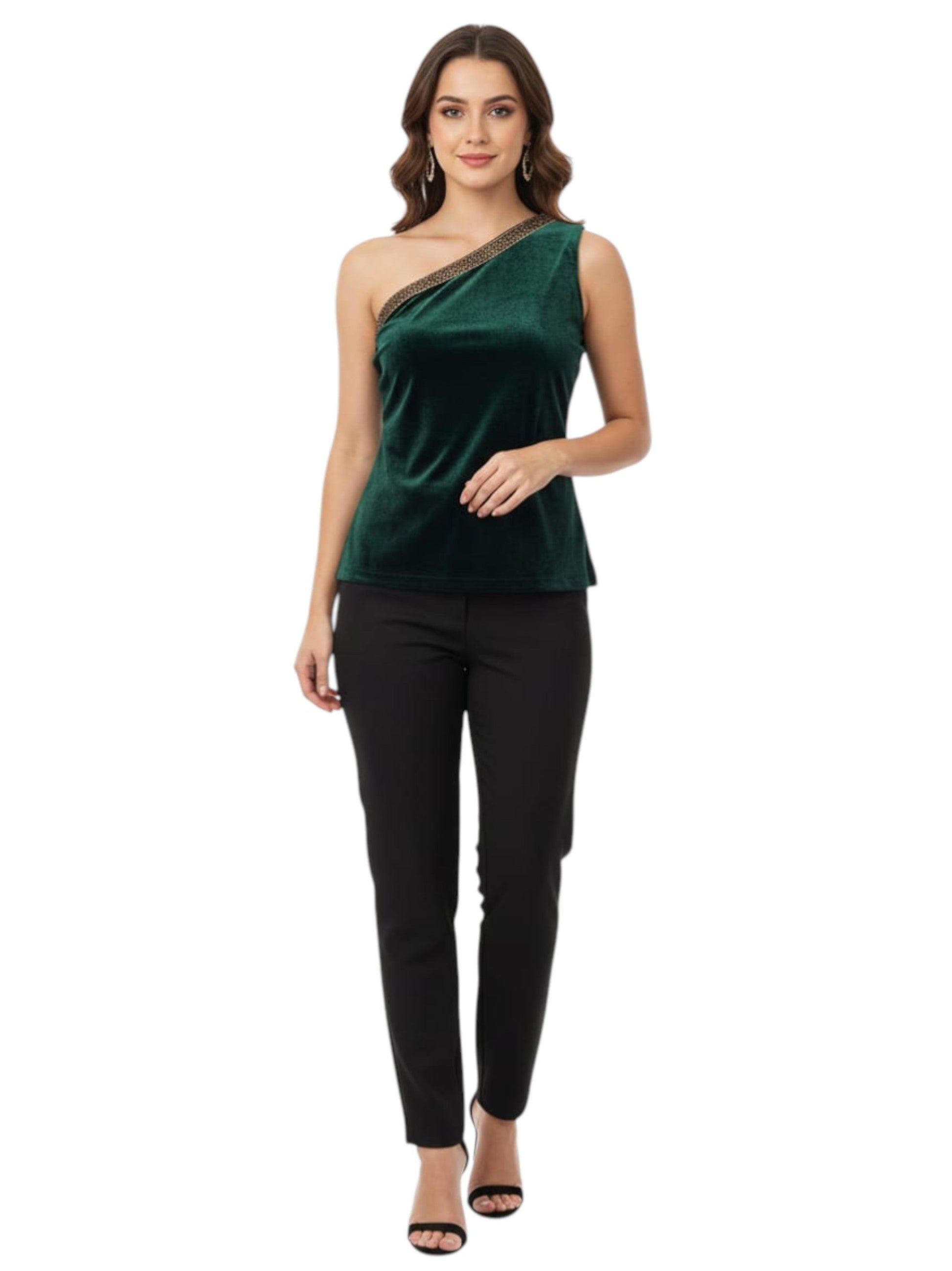 Women's Velvet One shoulder Top,Dark Green