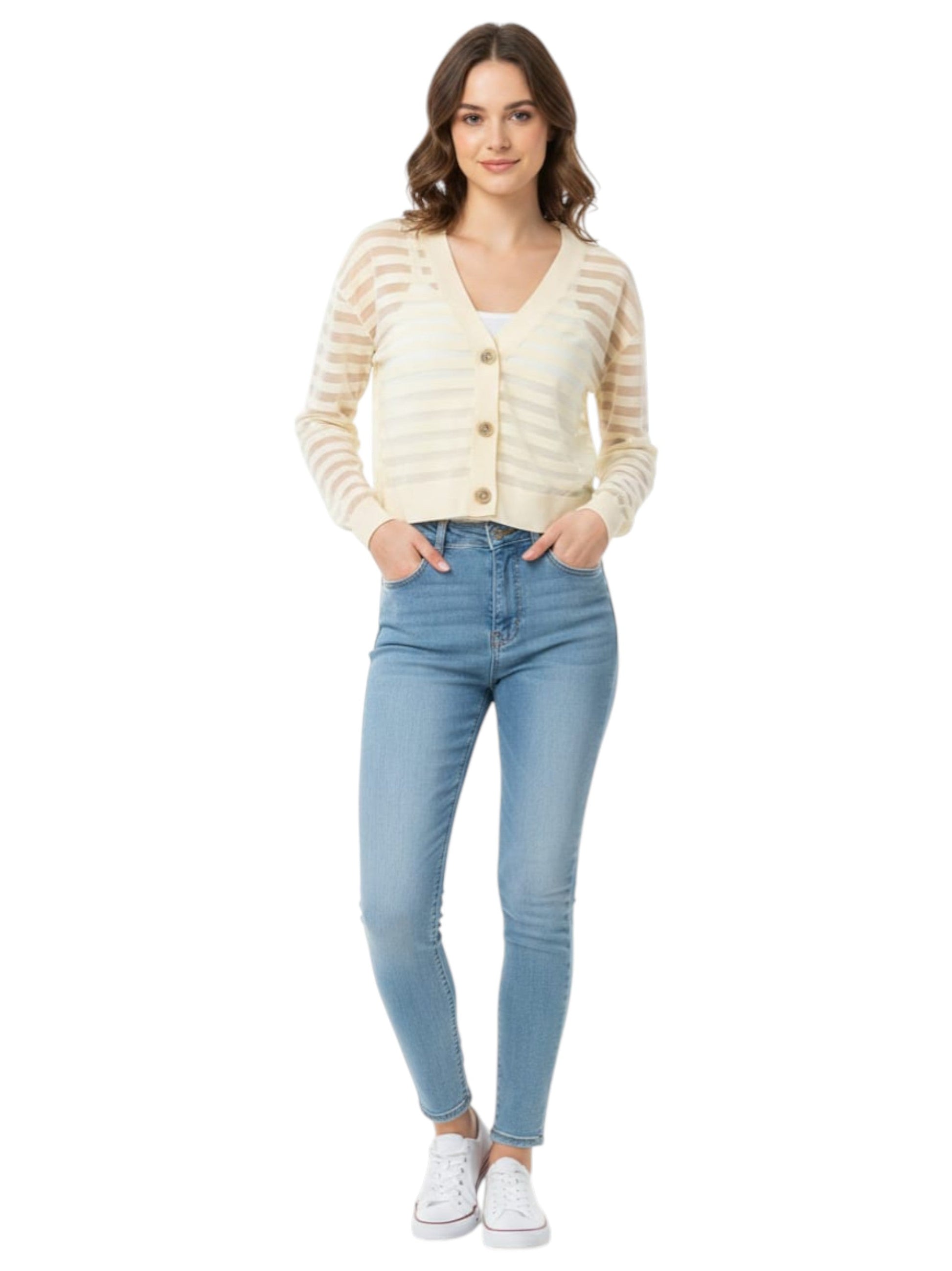 Womem's Striped Cardigan,Light Beige