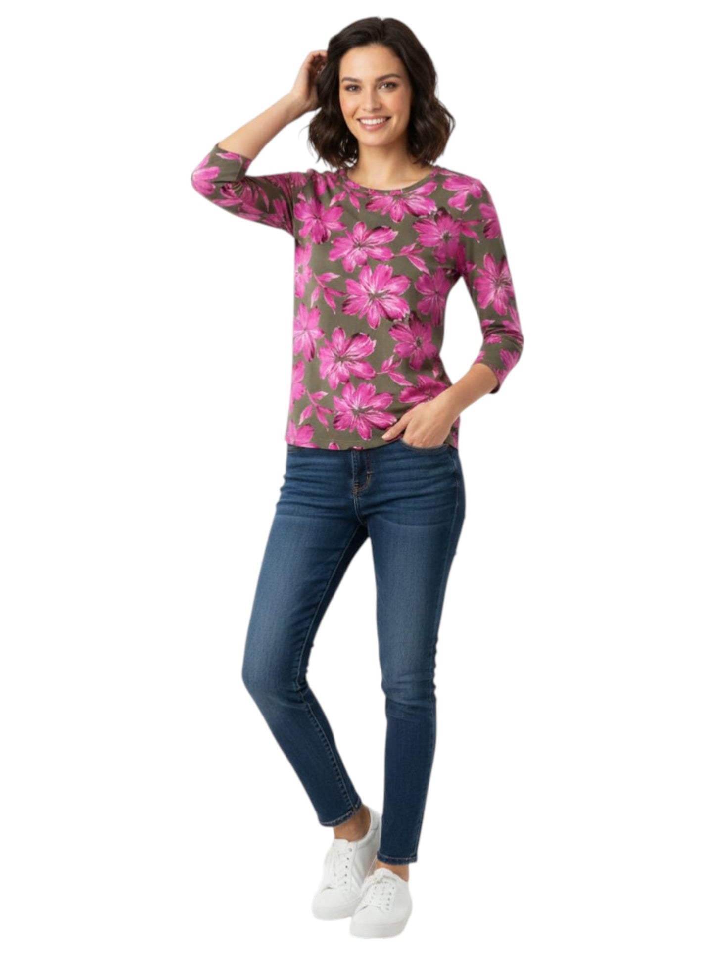 Women's Floral Printed Top,Olive/Pink
