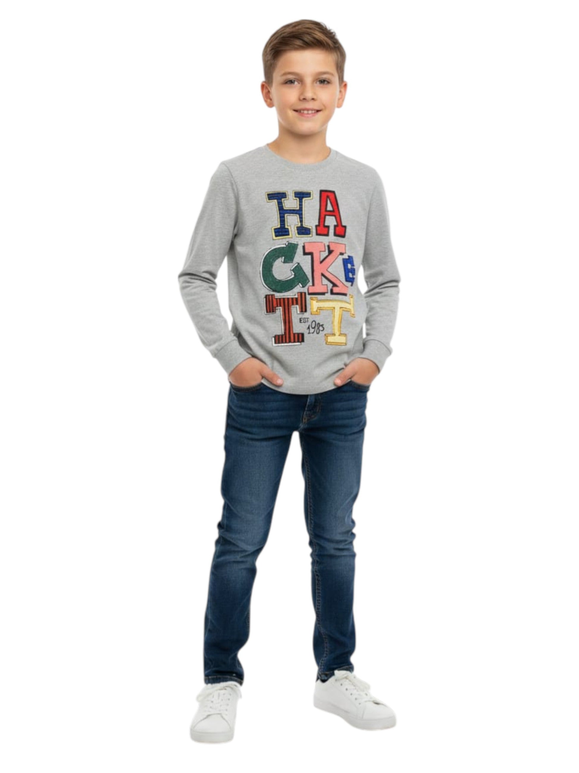 Kids Boy's Brand Logo Printed Top, Light Grey