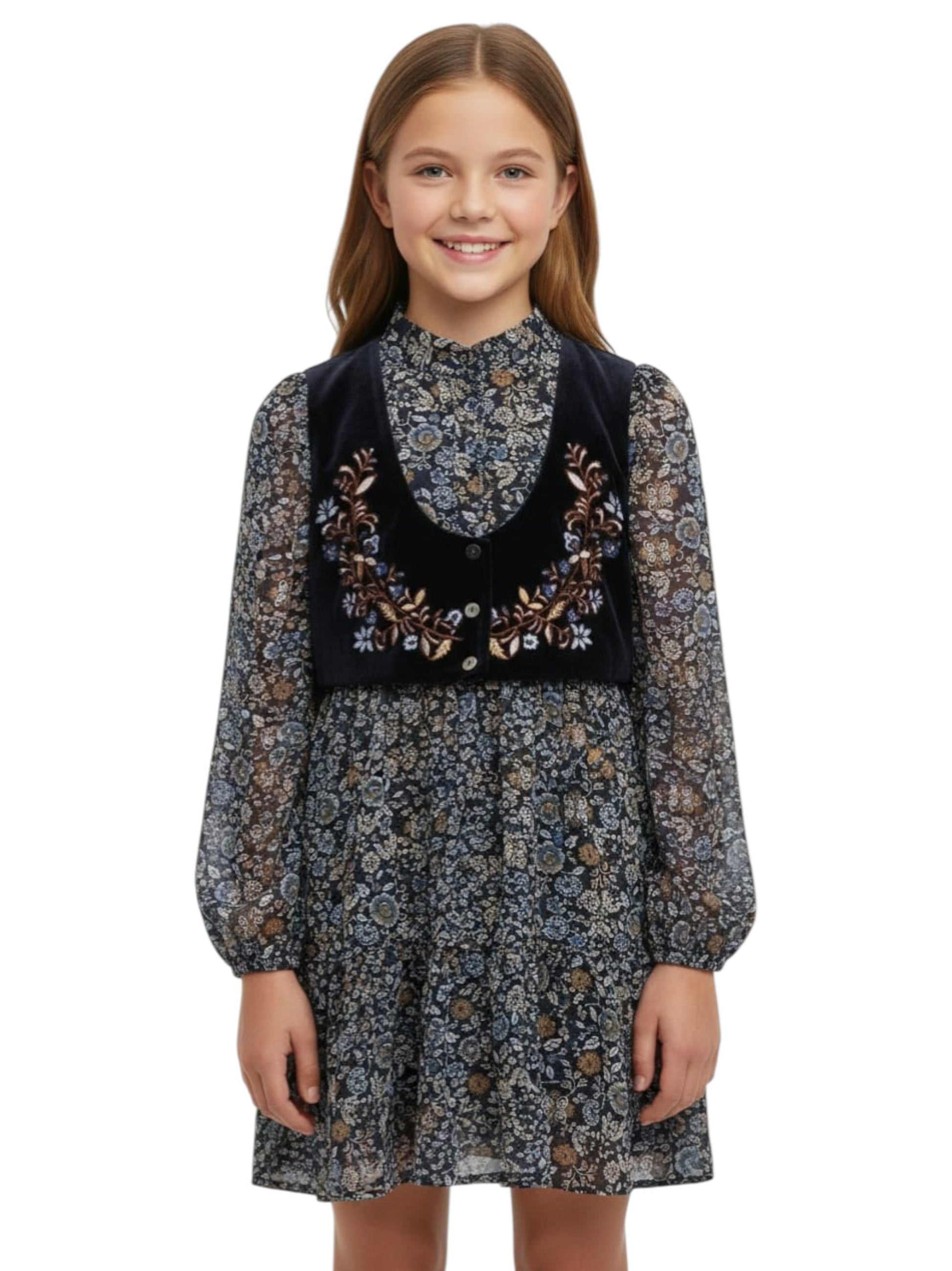 Kids Girl's Floral Printed Dress,Navy