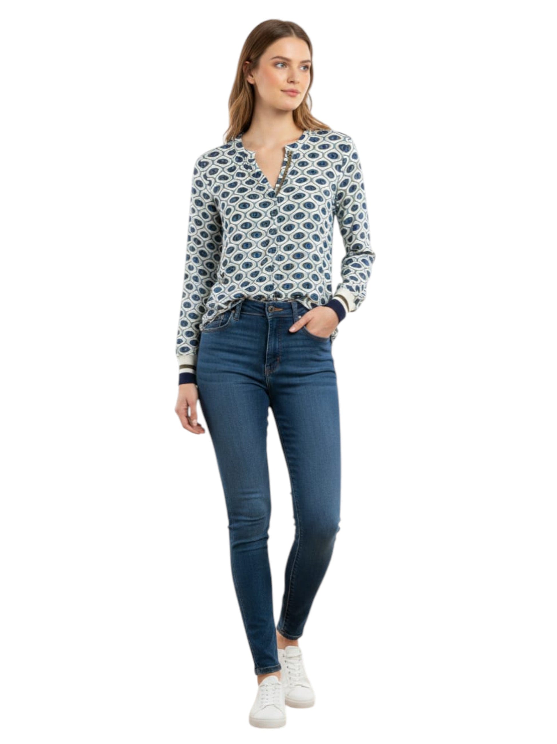 Women's Printed top,White/Blue