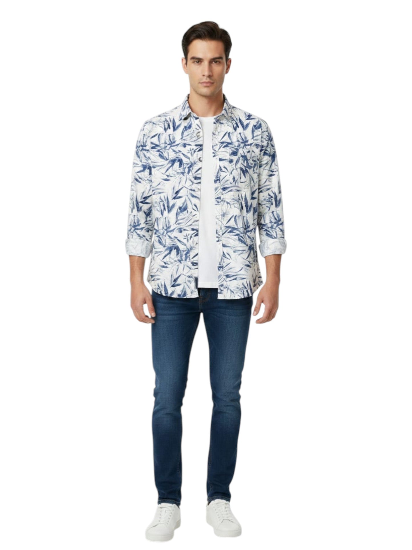 Men's Printed Dress Shirt,White/Navy