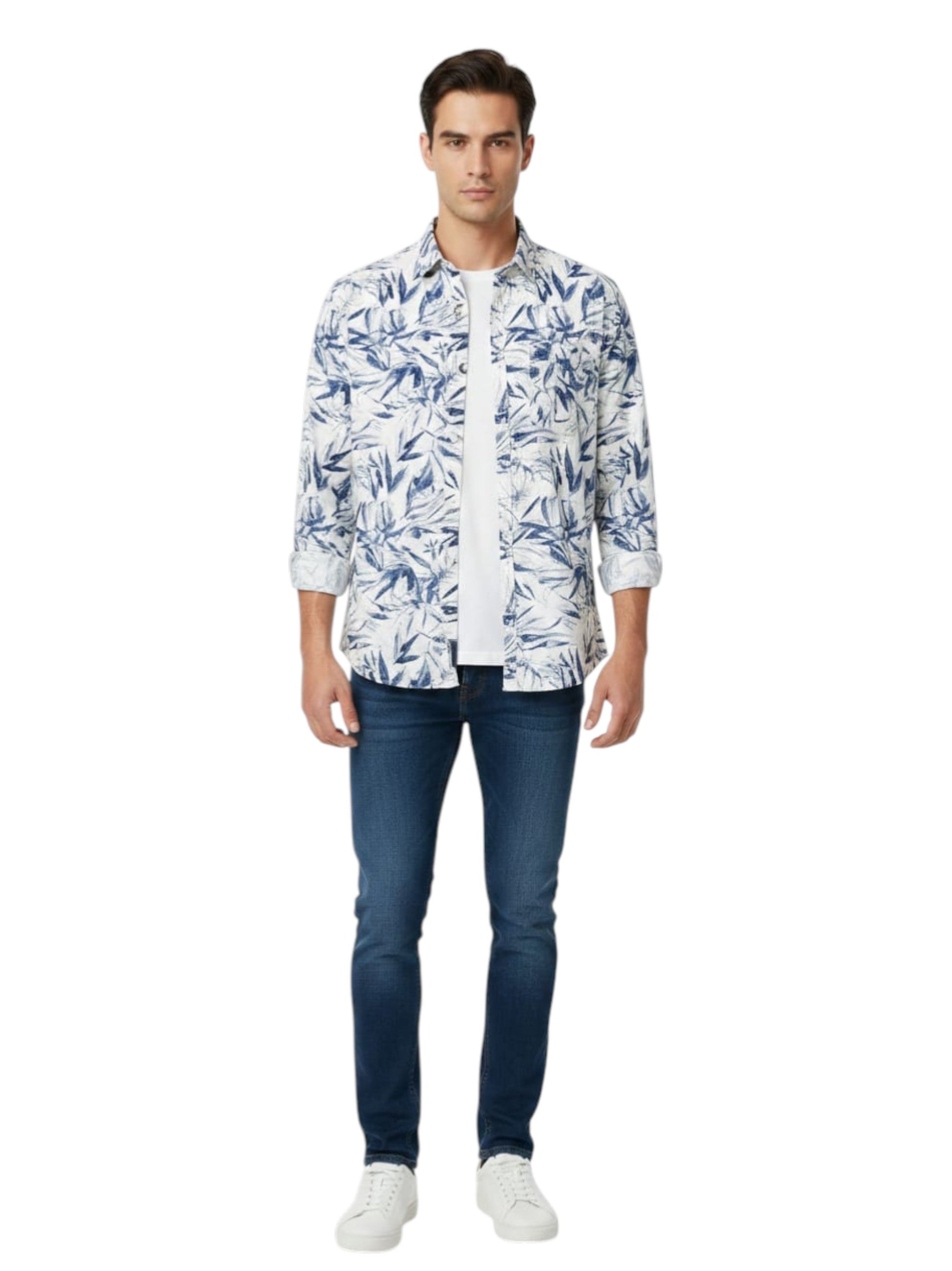 Men's Printed Dress Shirt,White/Navy