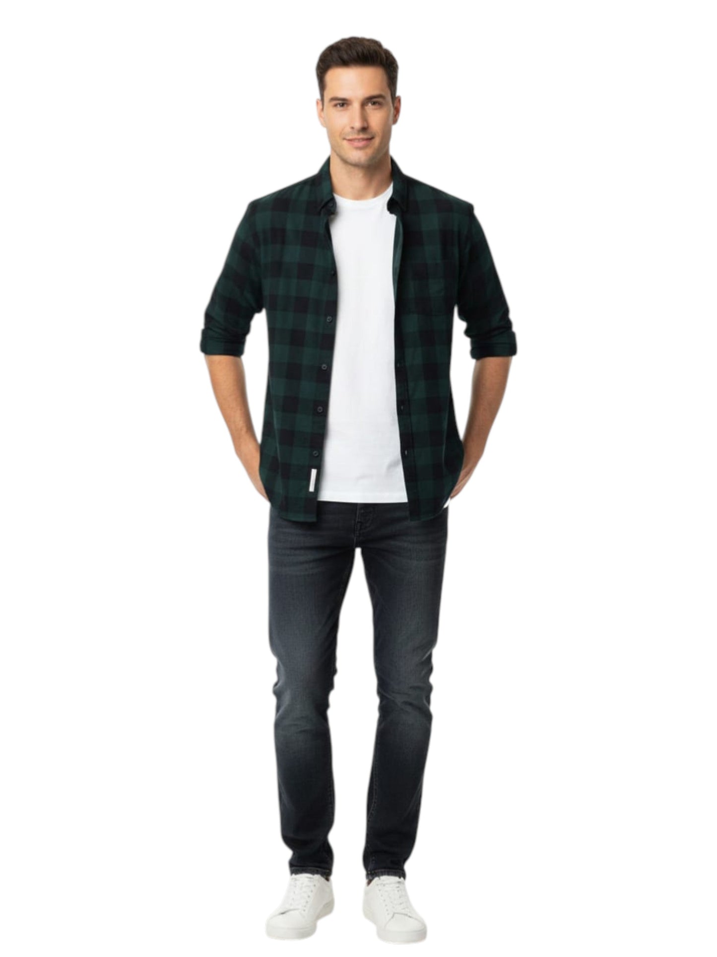 Men's Plaid Dress Shirt,Black/Green