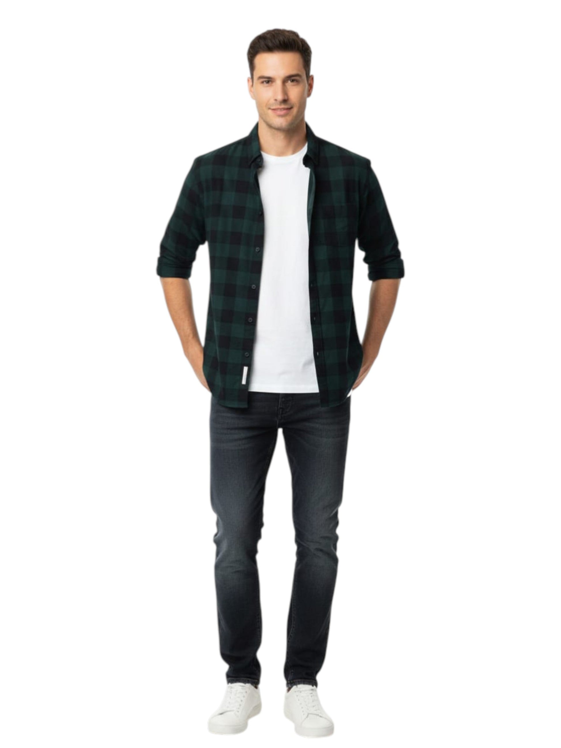 Men's Plaid Dress Shirt,Black/Green