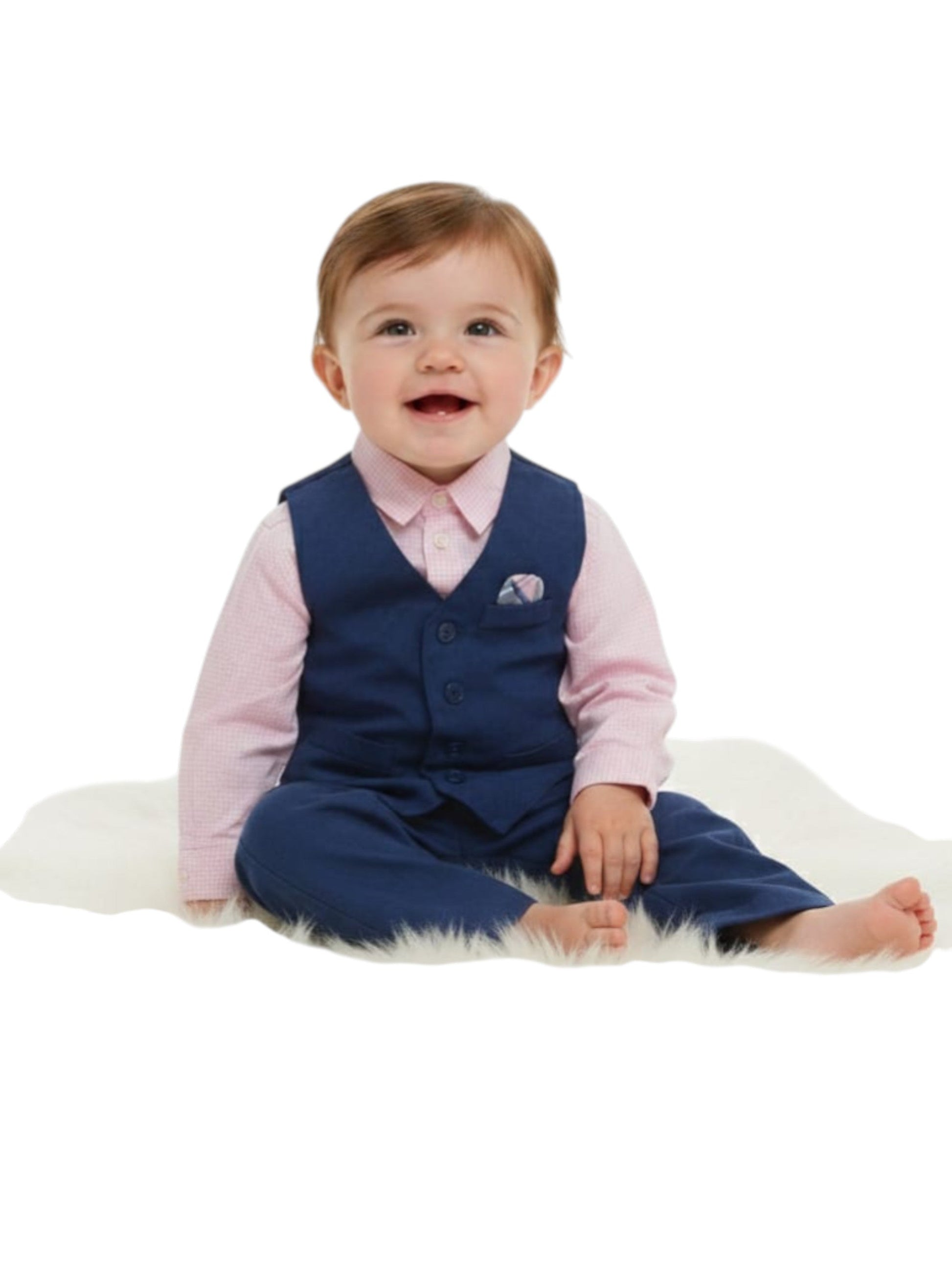 Kids Boy's Plaid Chemise &Vest&Pant,Navy/Pink