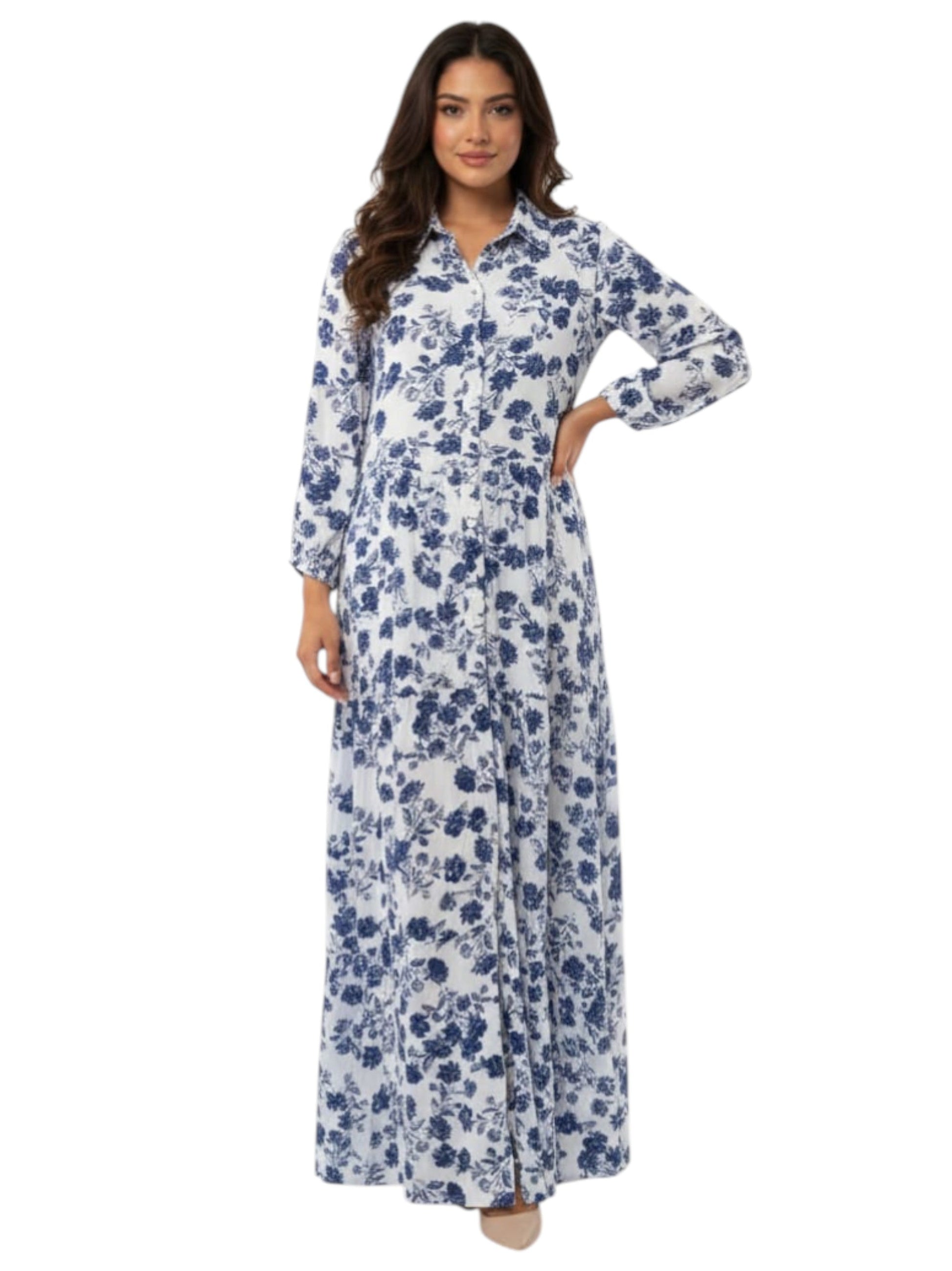 Women's Floral Printed Dress,White/Navy