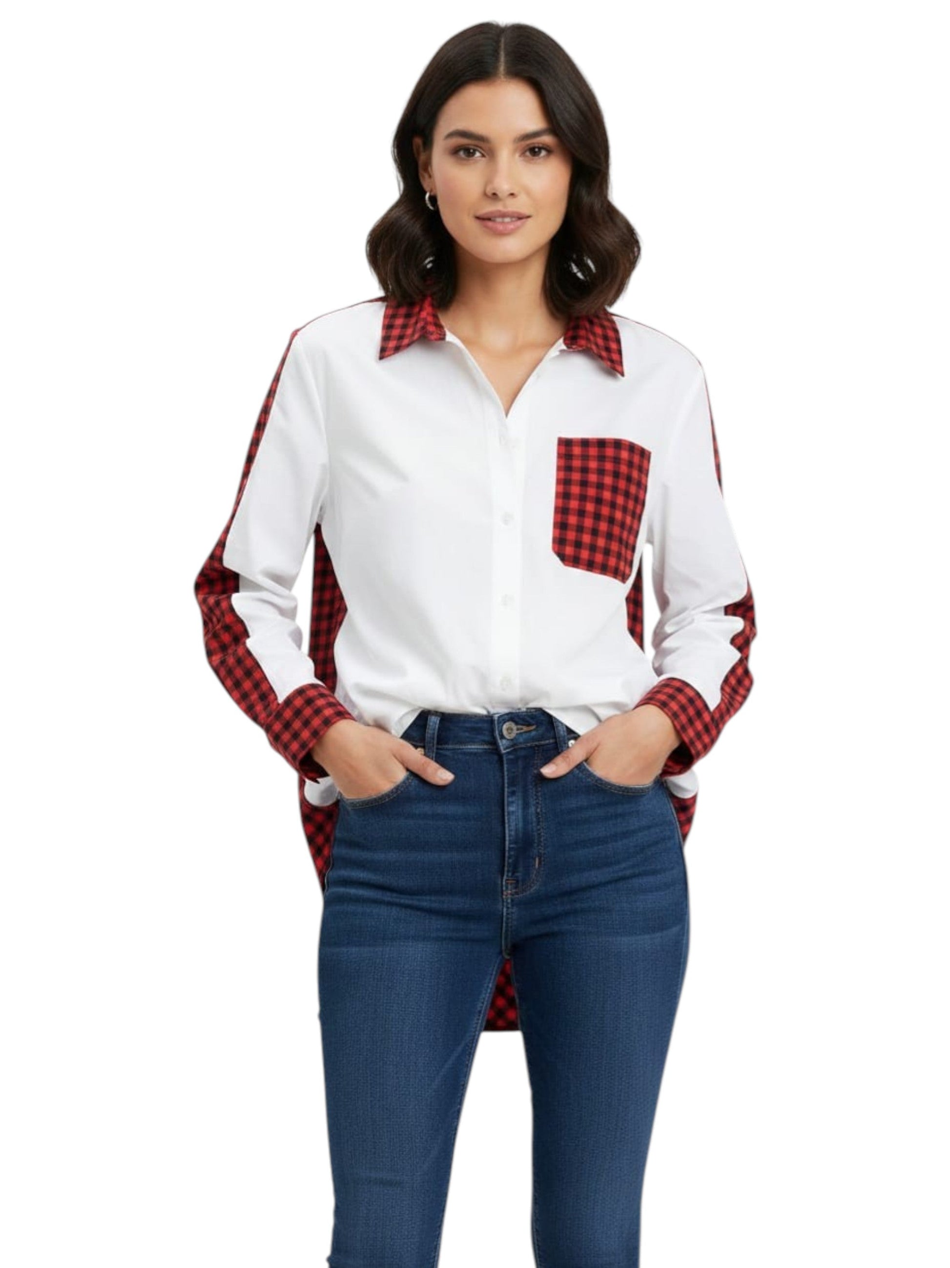 Women's Plaid Chemise,White/Red