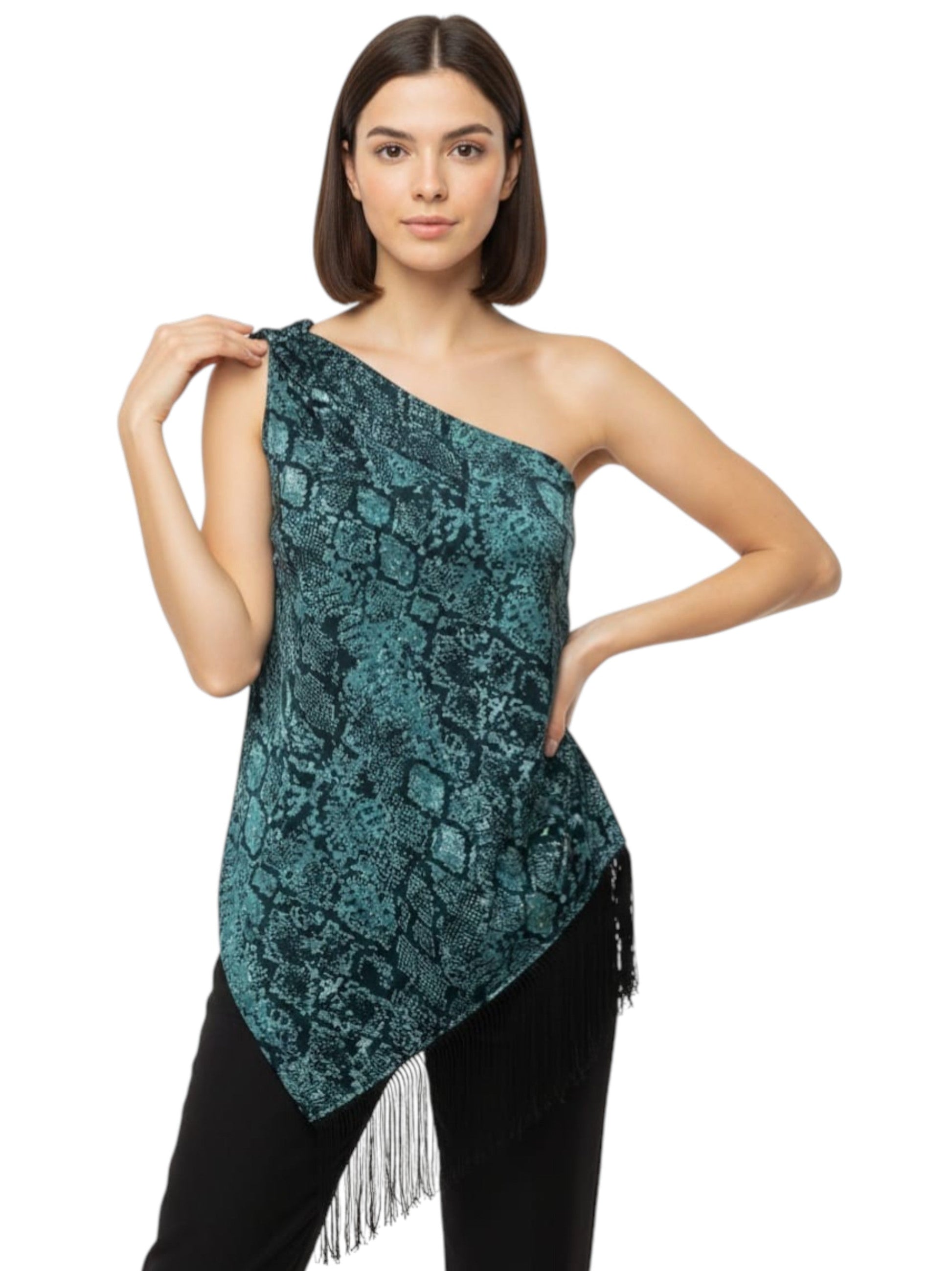 Women's Graphic Printed One Off Shoulders Top,Aqua/Black