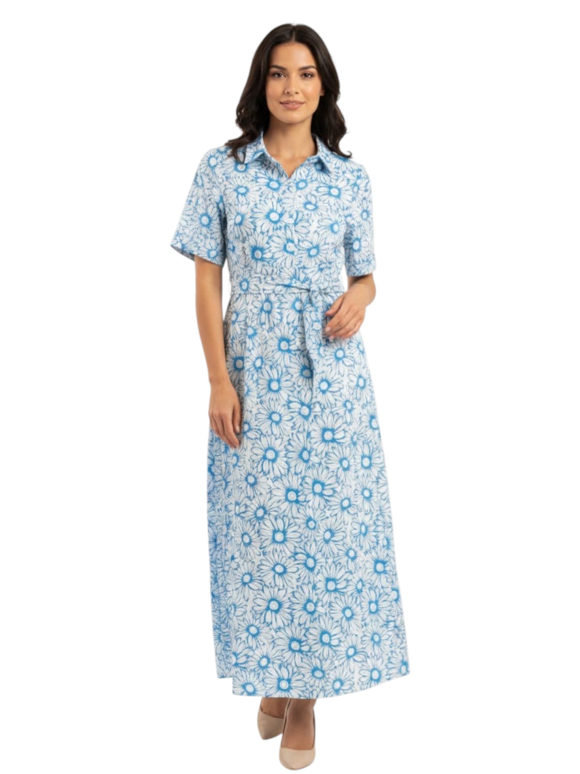 Women's Blue Floral Printed Dress,White
