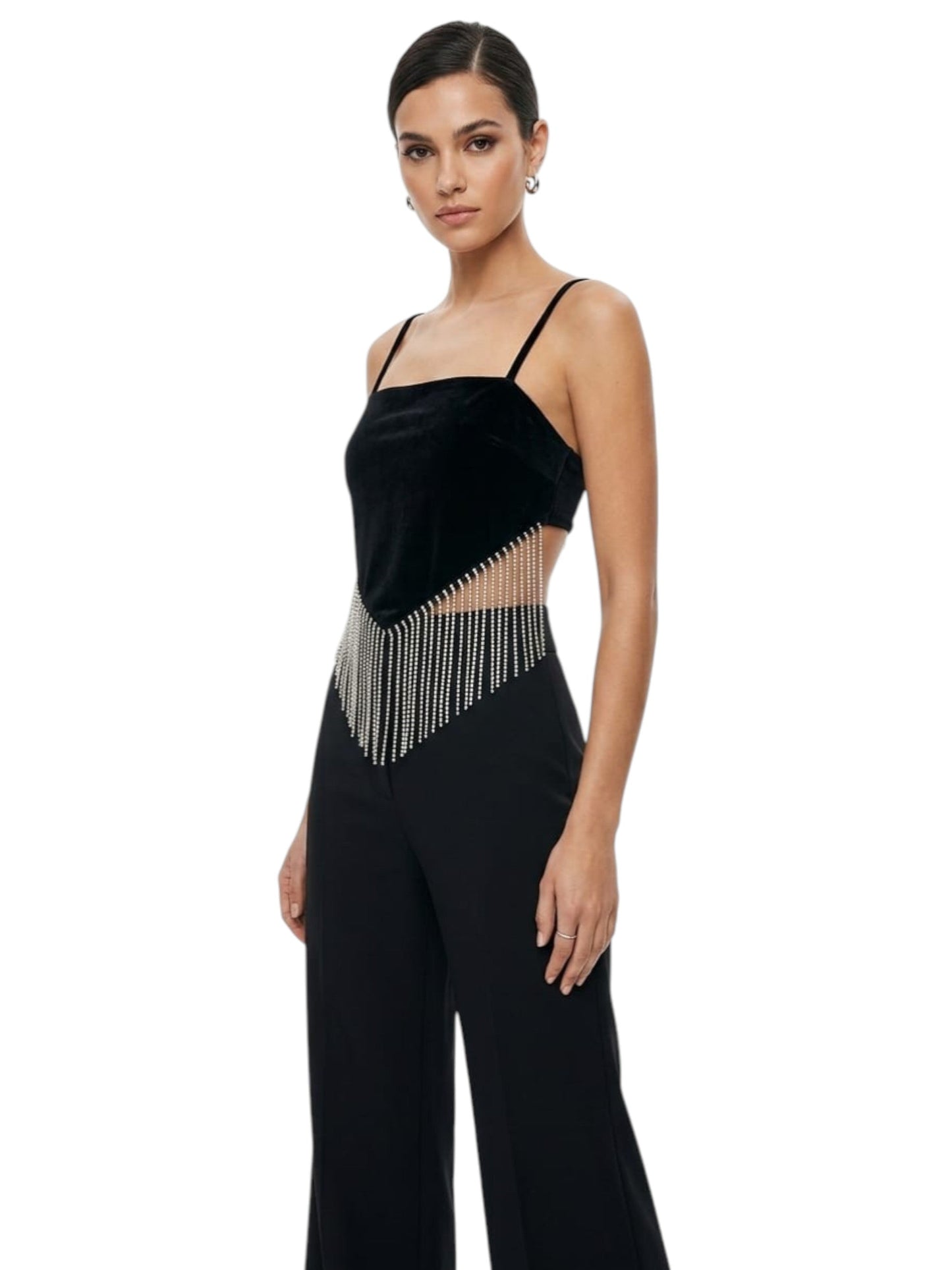 Women's Strass Fringe Velour Crop Top,Black
