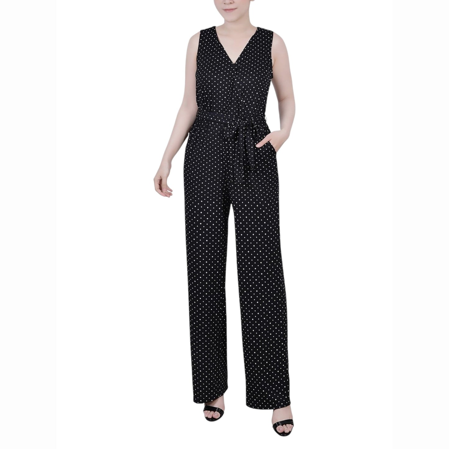 Women's White Dotted Jumpsuit,Black