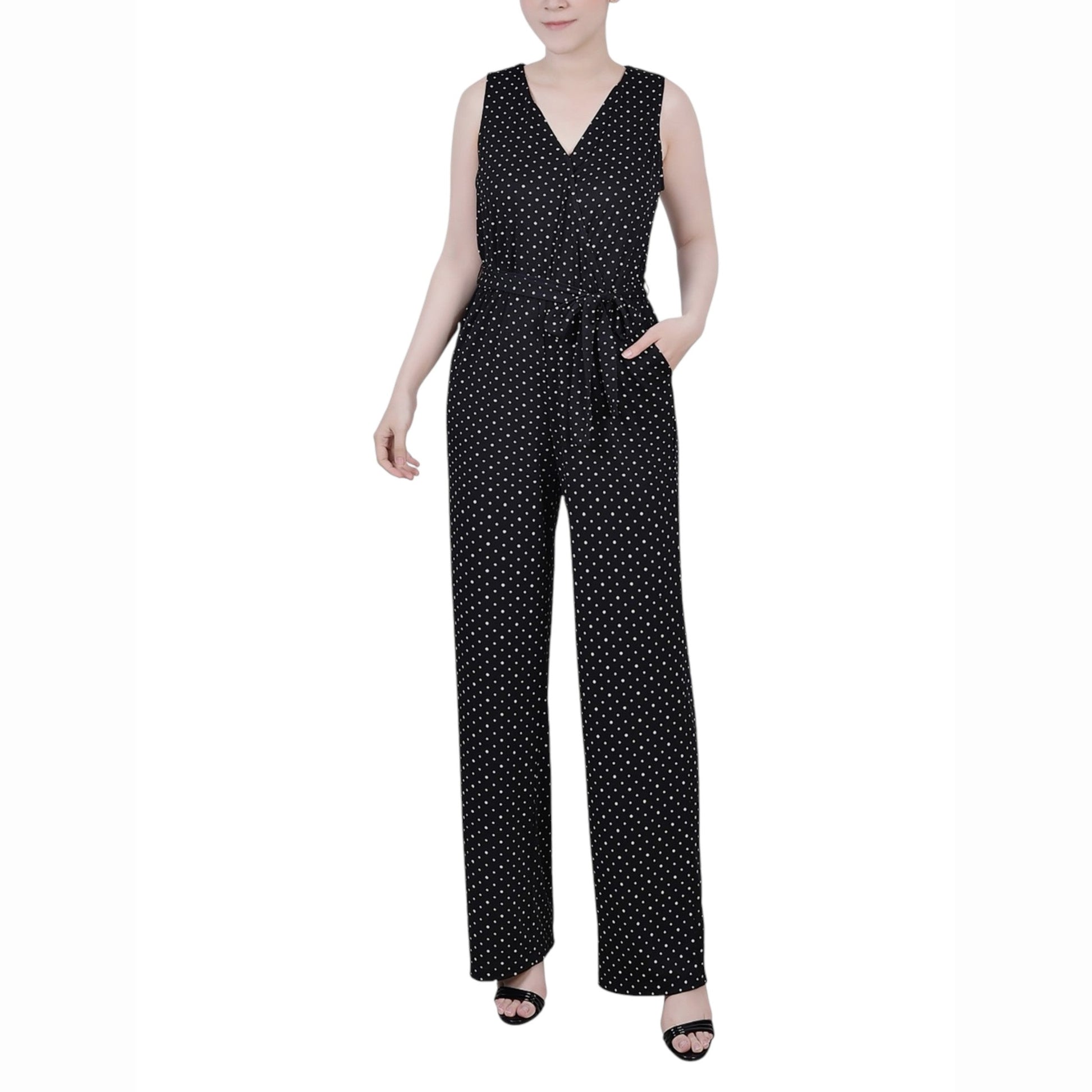 Women's White Dotted Jumpsuit,Black