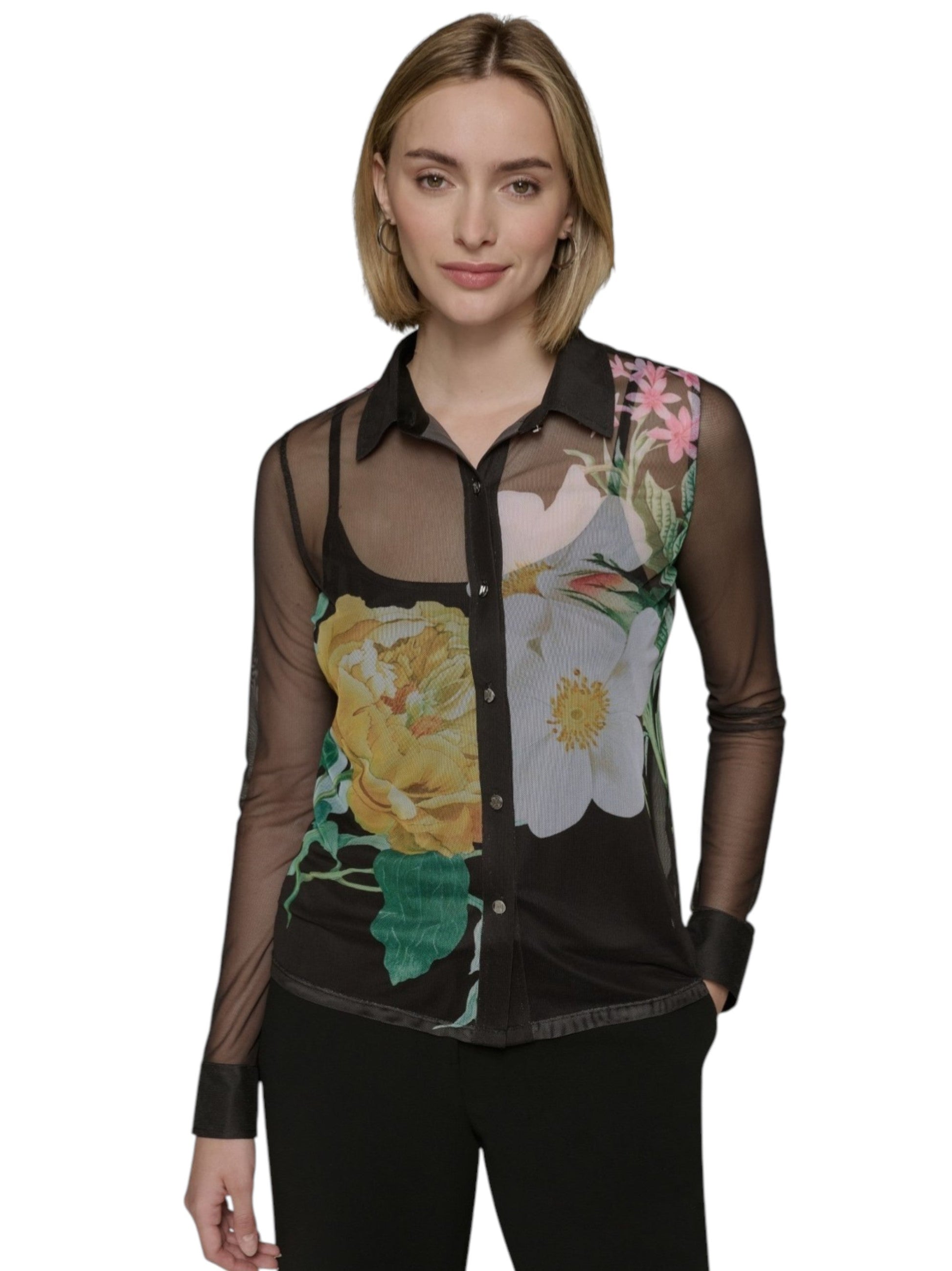 Women's Floral Printed Sheer Chemise,Black