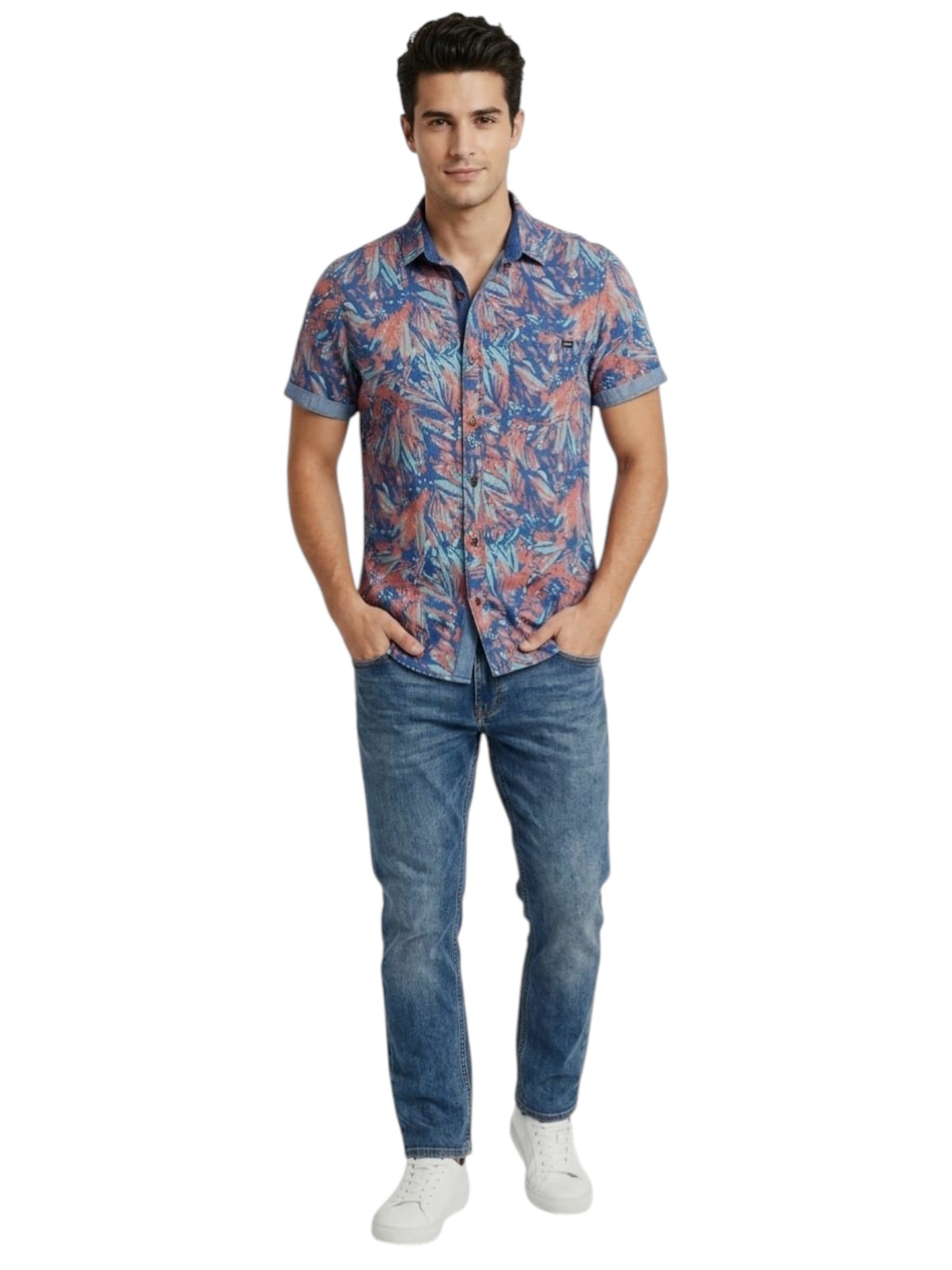 Men's Graphic Multi Colored Printed Dress Shirt,Blue