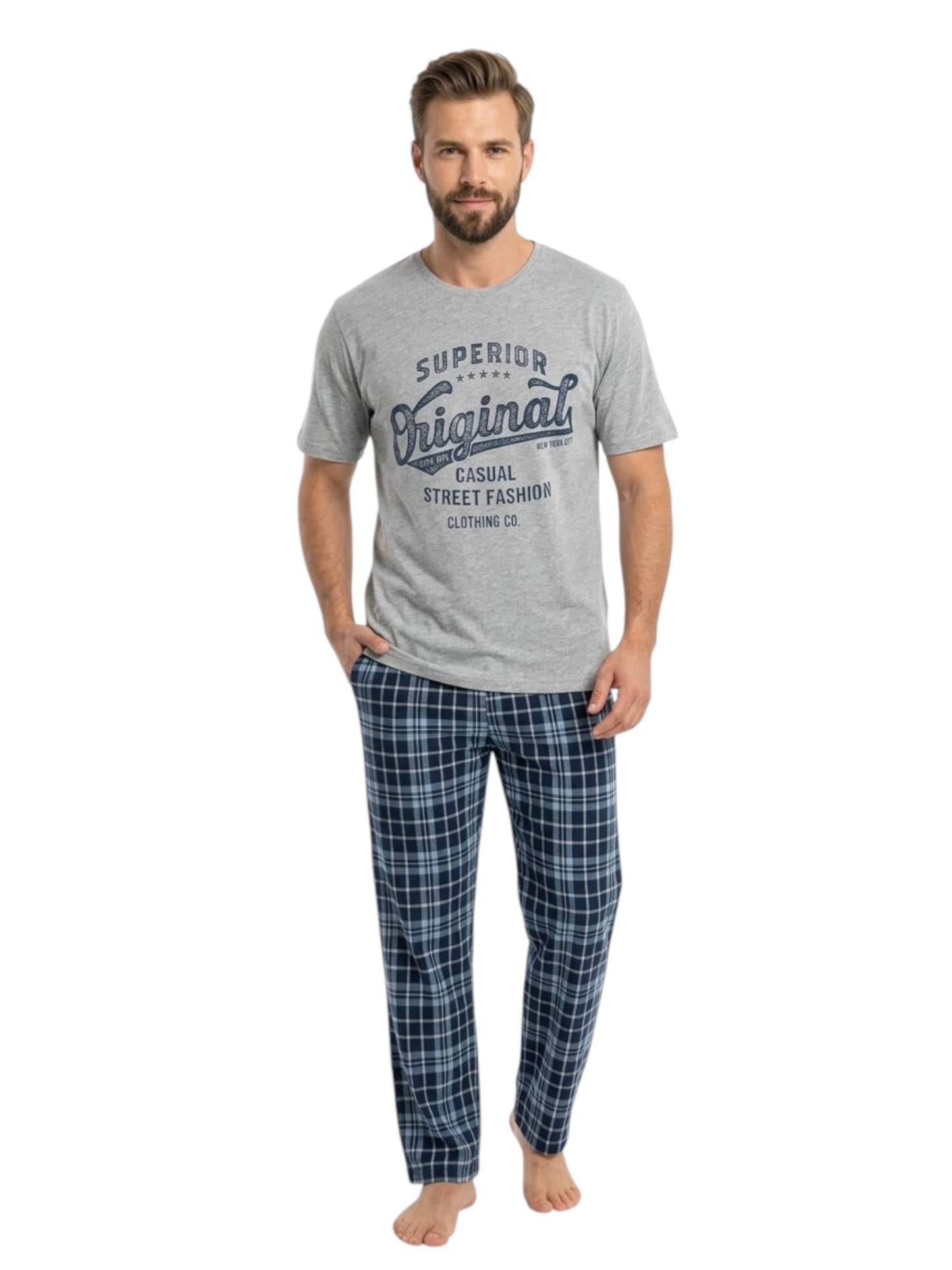 Men's Plaid Sleepwear Pajama Set,Grey/Navy