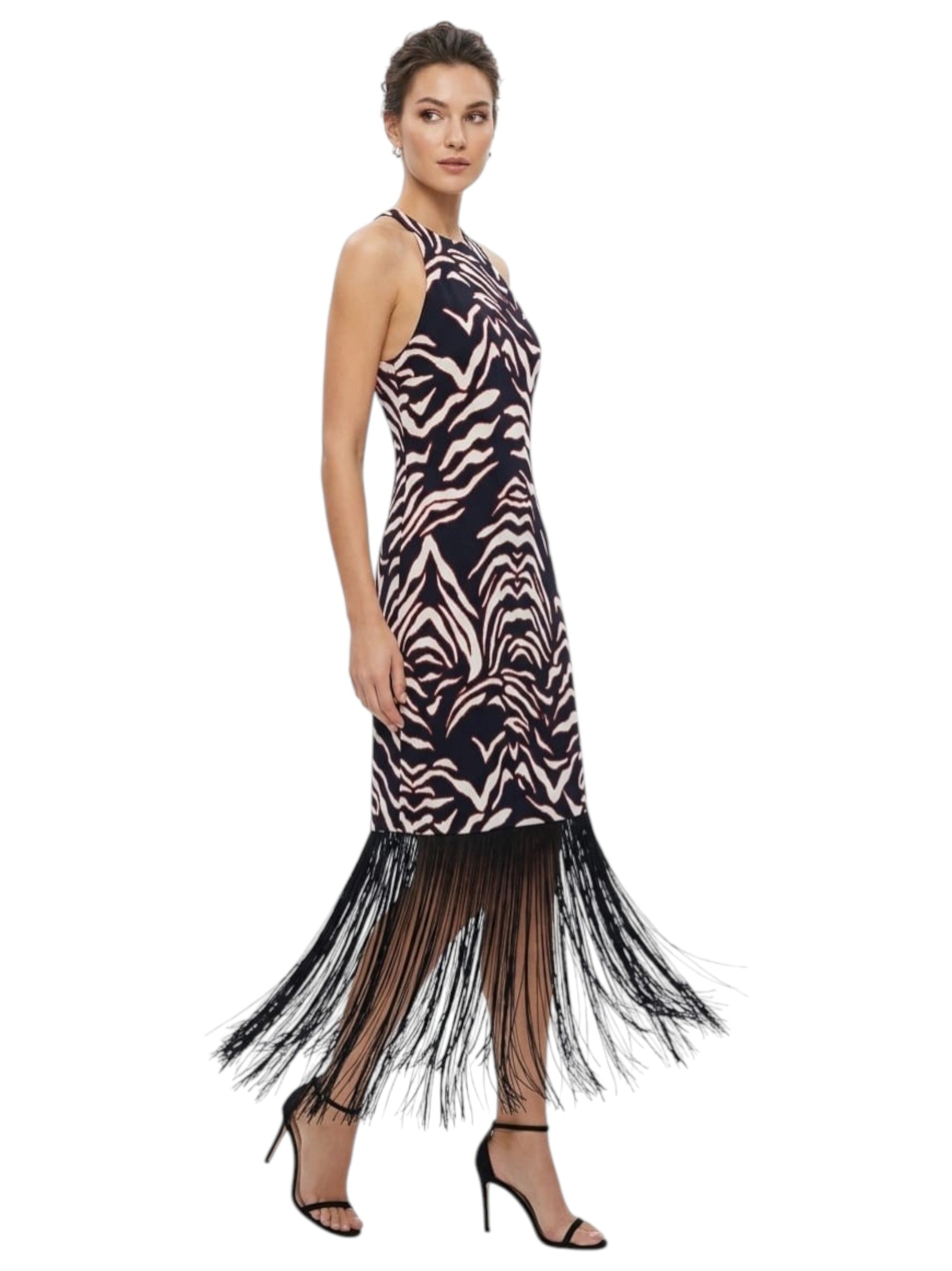 Women's Light Beige Printed Fringe Dress,Black