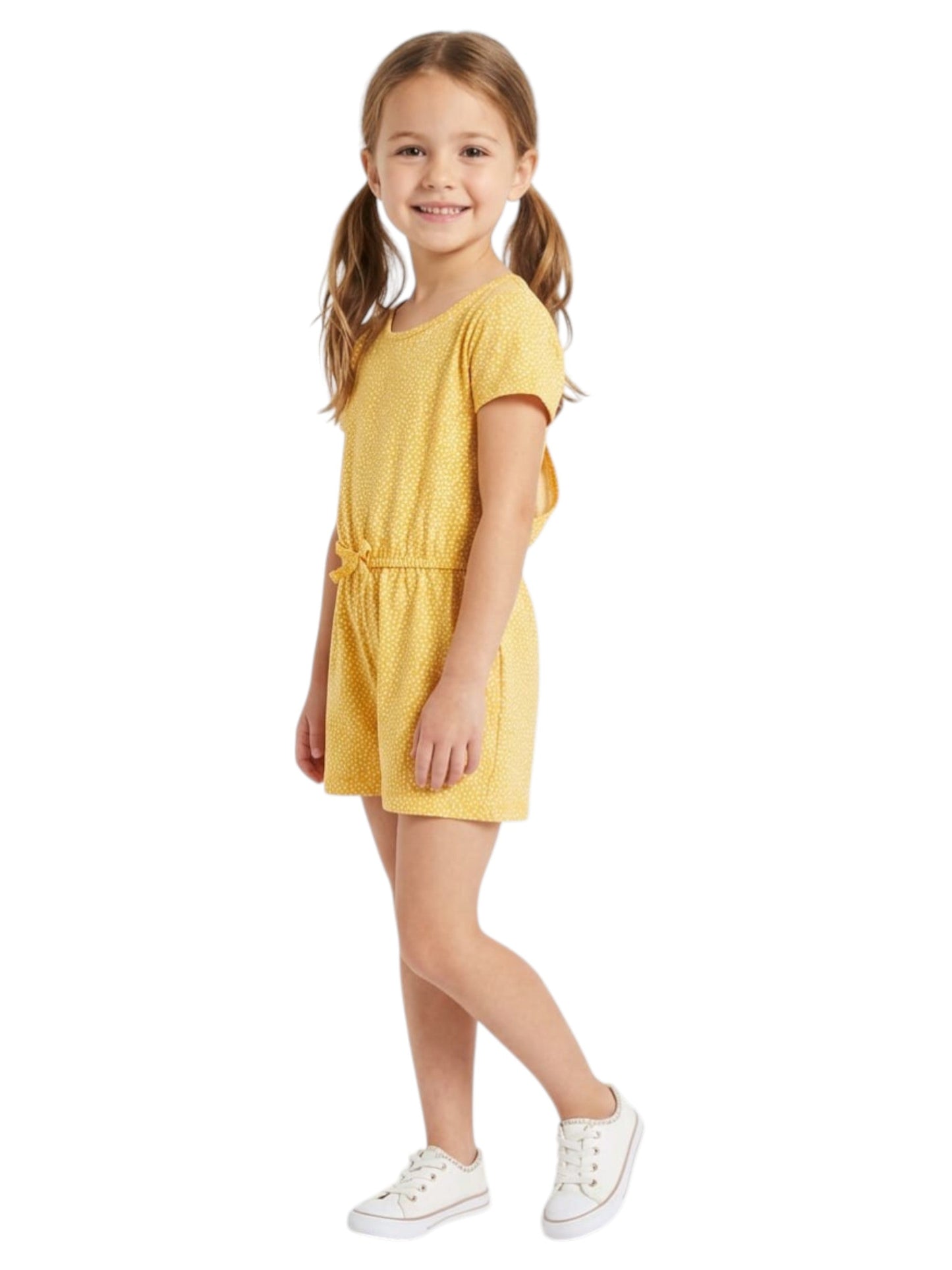Kids Girl's White Dotted Jumpsuit,Yellow