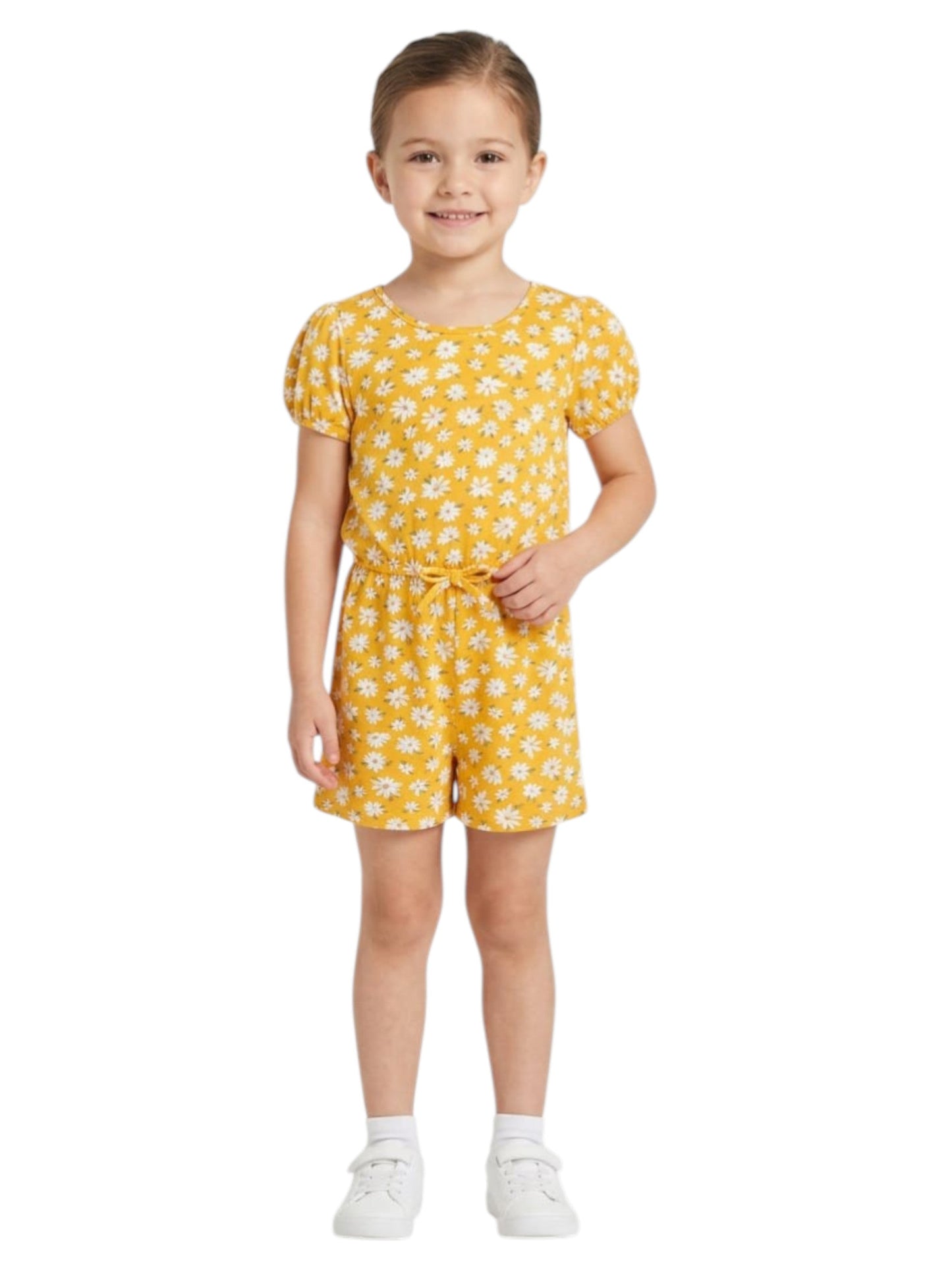 Kids Girl's Flours White Printed Jumpsuit,Yellow