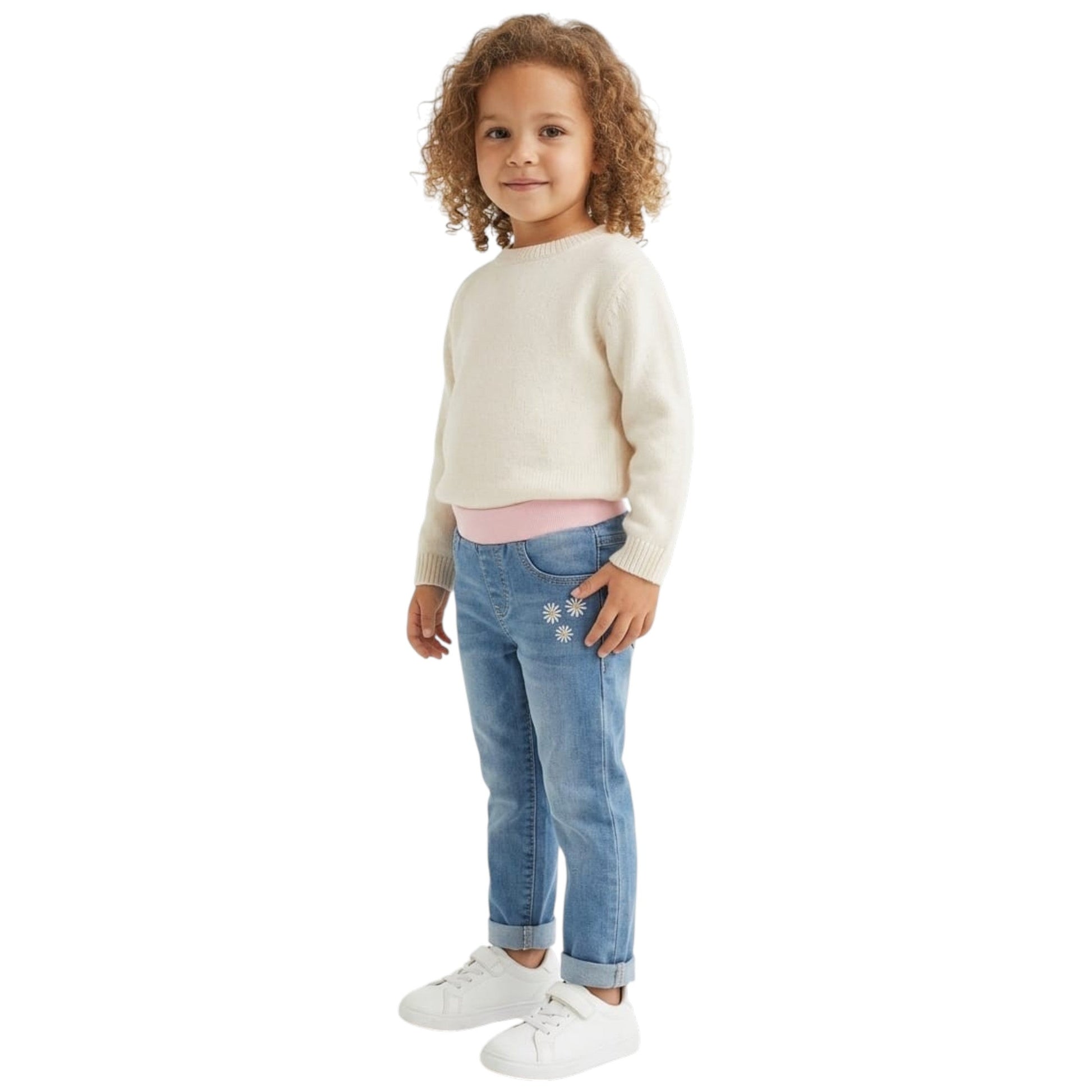 Kids Girl's Colorblocked Knitted Waistband Jeans,Blue