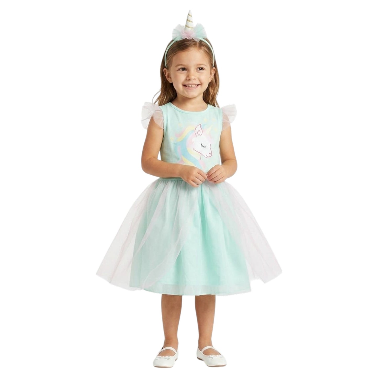 Kids Girl's Unicorn Printed Dress&Hairband,Aqua