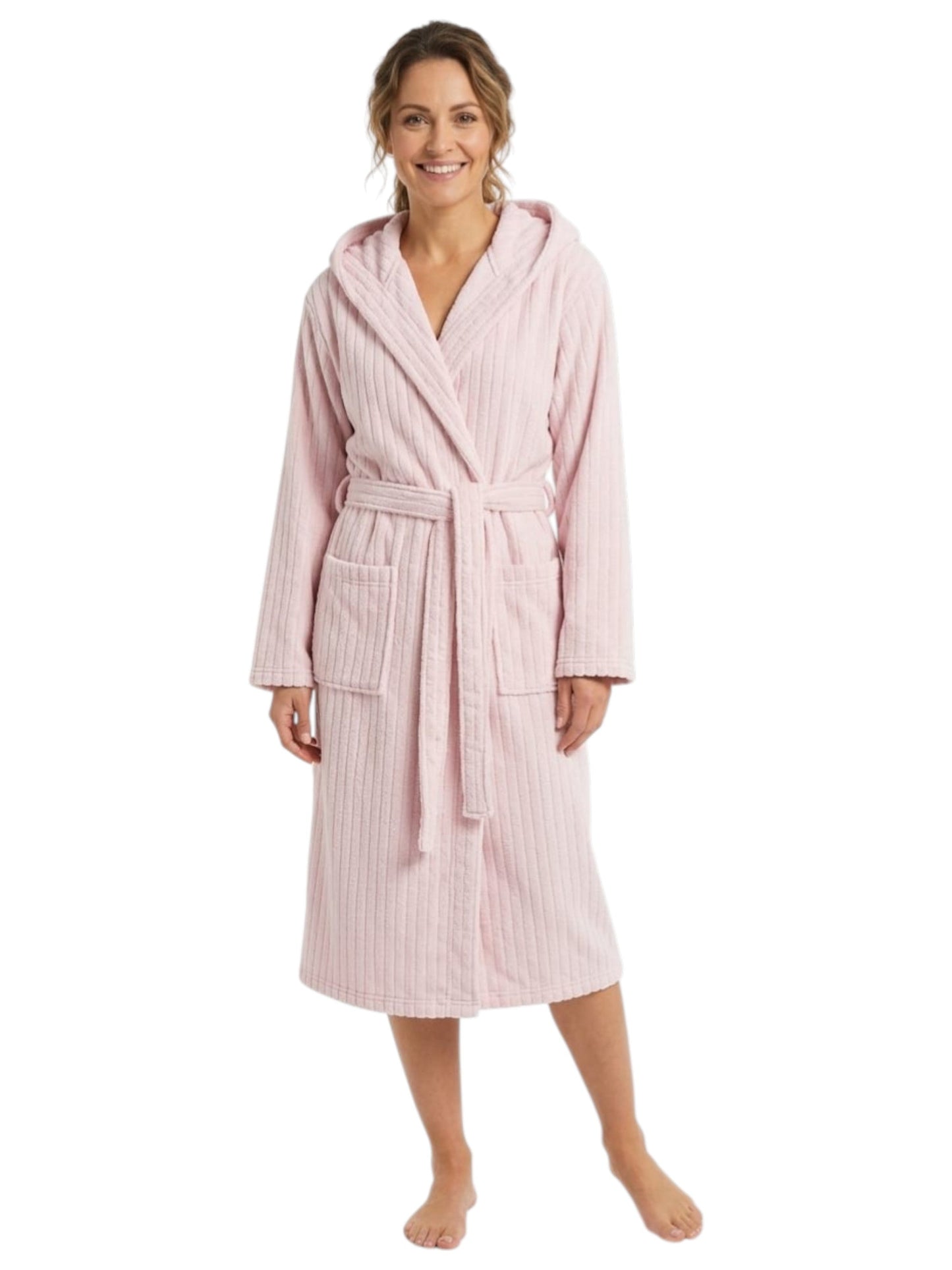 Women's Faux Fur Ribbed Sleepwear Robe&Belt,Light Pink