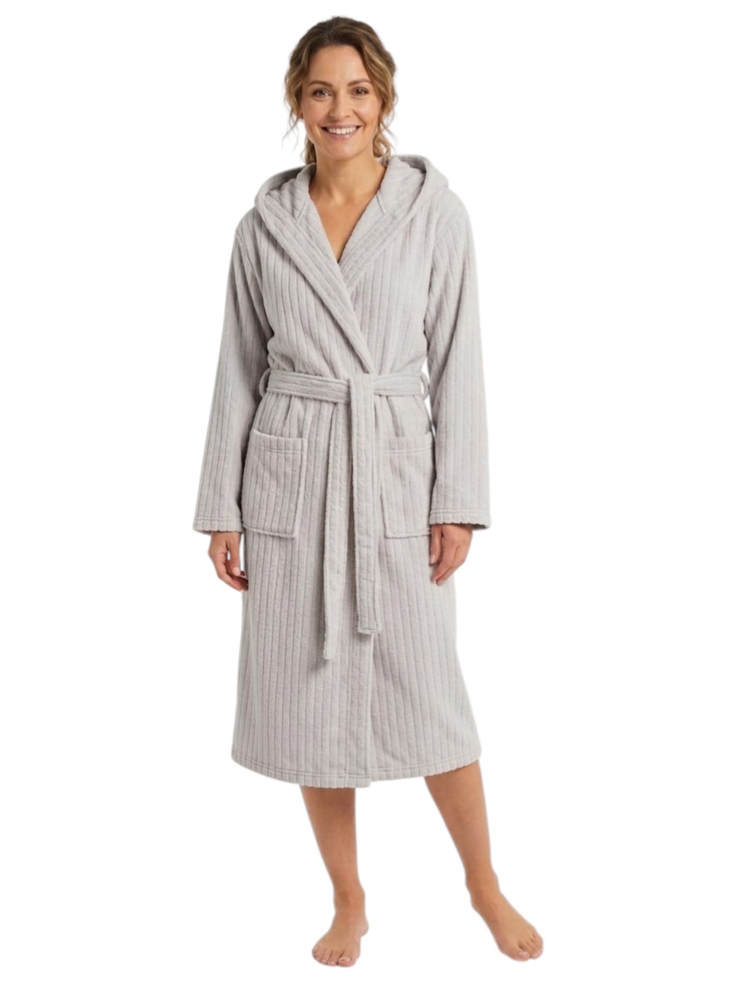 Women's Faux Fur Ribbed Sleepwear Robe&Belt,Grey
