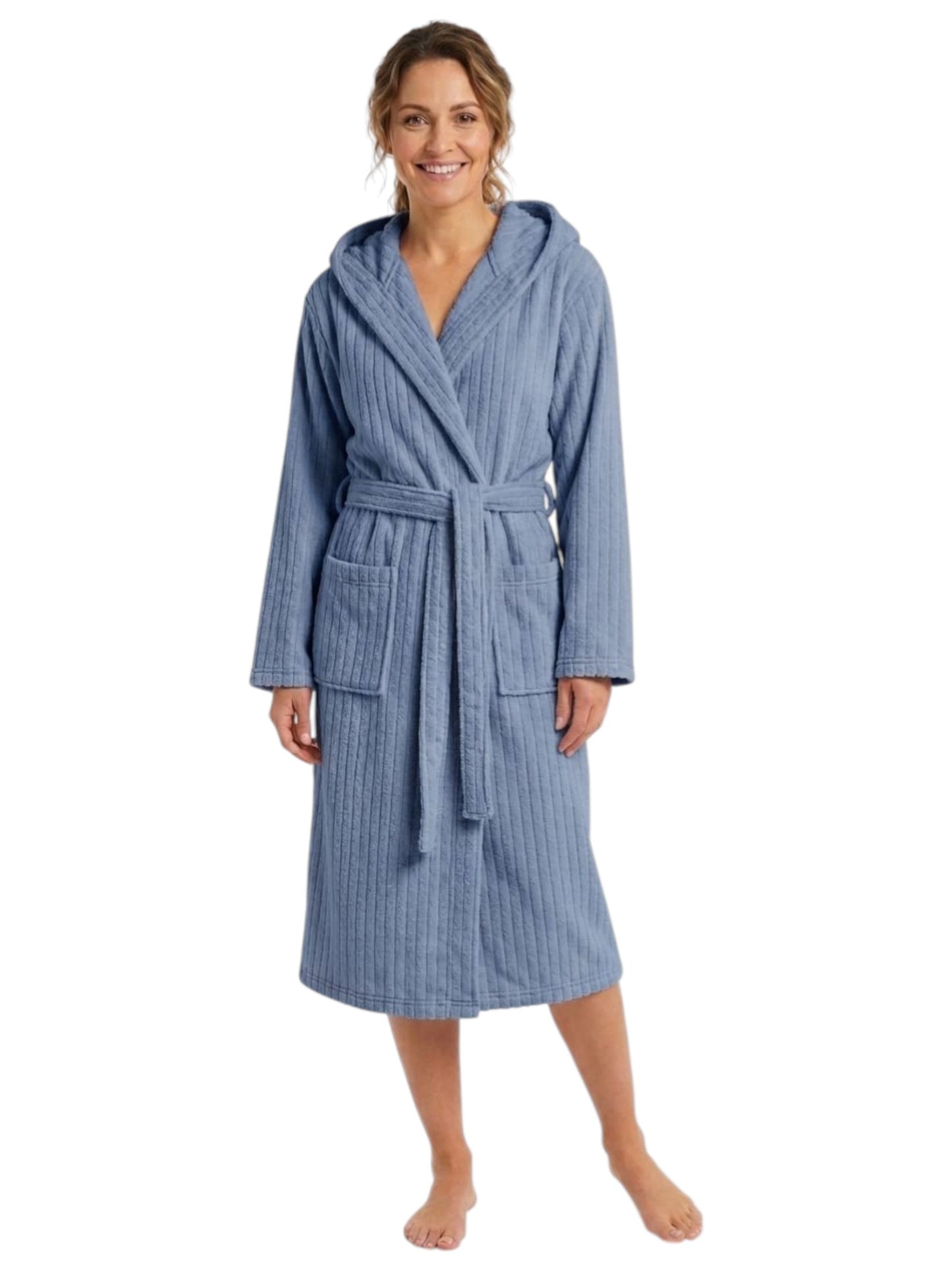Women's Faux Fur Ribbed Sleepwear Robe&Belt,Dusty Blue